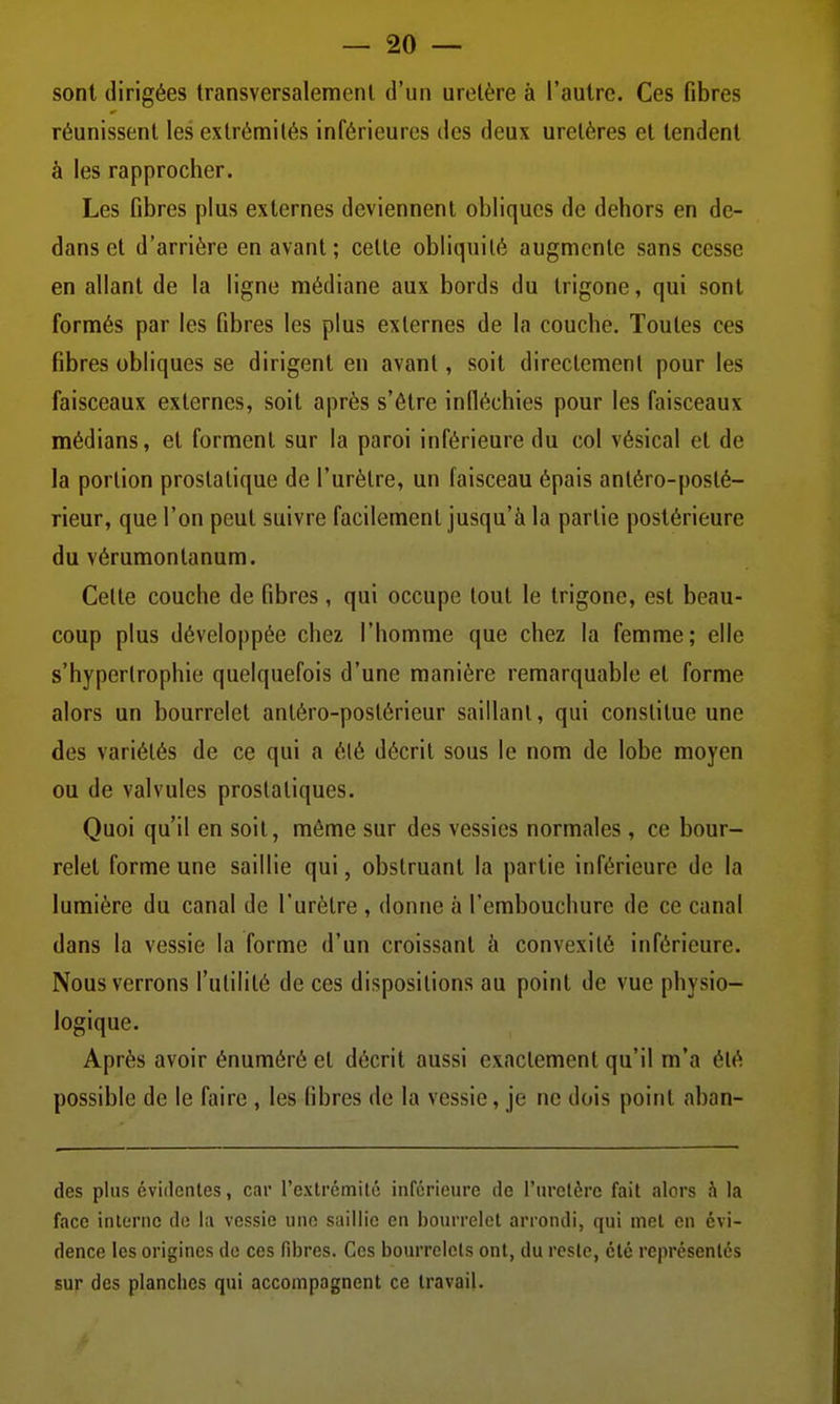 sont dirigées transversalemenl d'un uretère à l'autre. Ces fibres réunissent les extrémités inférieures des deux uretères et tendent à les rapprocher. Les fibres plus externes deviennent obliques de dehors en de- dans et d'arrière en avant; celle obliquité augmente sans cesse en allant de la ligne médiane aux bords du trigone, qui sont formés par les fibres les plus externes de la couche. Toutes ces fibres obliques se dirigent en avant, soit directement pour les faisceaux externes, soit après s'être infléchies pour les faisceaux médians, et forment sur la paroi inférieure du col vésical et de la portion prostatique de l'urètre, un faisceau épais antéro-posté- rieur, que l'on peut suivre facilement jusqu'à la partie postérieure du vérumontanum. Celte couche de fibres, qui occupe tout le trigone, est beau- coup plus développée chez l'homme que chez la femme; elle s'hypertrophie quelquefois d'une manière remarquable et forme alors un bourrelet anléro-poslérieur saillant, qui constitue une des variétés de ce qui a été décrit sous le nom de lobe moyen ou de valvules prostatiques. Quoi qu'il en soit, môme sur des vessies normales, ce bour- relet forme une saillie qui, obstruant la partie inférieure de la lumière du canal de l'urètre , donne à l'embouchure de ce canal dans la vessie la forme d'un croissant à convexité inférieure. Nous verrons l'utilité de ces dispositions au point de vue physio- logique. Après avoir énuméré et décrit aussi exactement qu'il m'a été possible de le faire , les fibres de la vessie, je ne dois point aban- des plus évidentes, car l'extrémité inférieure de l'uretère fait alors à la face interne do l;i vessie une saillie en bourrelet arrondi, qui met on évi- dence les origines do ces fibres. Ces bourrelets ont, du reste, été représentés sur des planches qui accompagnent ce travail.