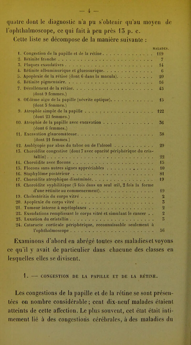 (jiiatre dont le diagnostic n'a pu s'obtenir qu'au moyen de ro|)hlhalmoscope, ce qui fait à peu près 13 p. c. Cette liste se décompose de la manière suivante : HALiDES, 1. Congestion de la papille et de la rétine 119 2. Uclinitc friiiiclic 7 5. Plaques exsudatives 14 4. Itétinite albiiminiirique et glucosurique G y. Apoplexie de la rétine (dont 6 dans la macula) iO 6. llétinile pigmcnlaire 16 7. Décollément de la rétine 45 (dont 9 femmes.) 8. OEdème aigu de la papille (névrite optique) 15 (dont 5 femmes.) 9. Atrophie simple de la papille 122 (dont 23 femmes.) 10. Ali-ôpliie de la papille avec excavation 30 (dont 6 femmes.) 11. Excavation glaucomateuse 58 (dont 21 femmes.) 12. Amblyopic par abus du tabac ou de l'alcool 29 13. Clioroïdite congeslive (dont 7 avec opacité périjjliériquc du cris- tallin) 22 14. Clioroïdite avec flocons 15 13. Flocons sans autres signes appréciables 10 16. Stapliylome postérieur 81 17. Clioroïdite alrophique disséminée 19 18. Choroïdite syphilitique (3 fois dans un seul œil, 2 fois la forme d'une rétinite au commencement) 19 19. Cholestéritis du corps vitré 2 20. Apoplexie du corps vilré 3 21. Tumeur interne à myéloplaxes 2 22. Exsudations remplissant le corps vitré et simulant le cancer . . 2 23. Luxation du cristallin 5 24. Cataracte corticale périphérique, reconnaissable seulement à l'ophthalmoscope 5G Examinons d'abord en abrégé toutes ces maladicset voyons ce qu'il y avait de particulier dans cbacune des classes en lesquelles elles se divisent. 1 . CONGESTION DE LA PAPILLE ET DE LA RÉTINE. Les congestions de la papille et de la rétine se sont présen- tées (Ml nombre considérable; cent dix-neuf malades étaient atteints de cette affection. Le plus souvent, cet état était inti- mement lié à des congestions cérébrales, à des maladies du