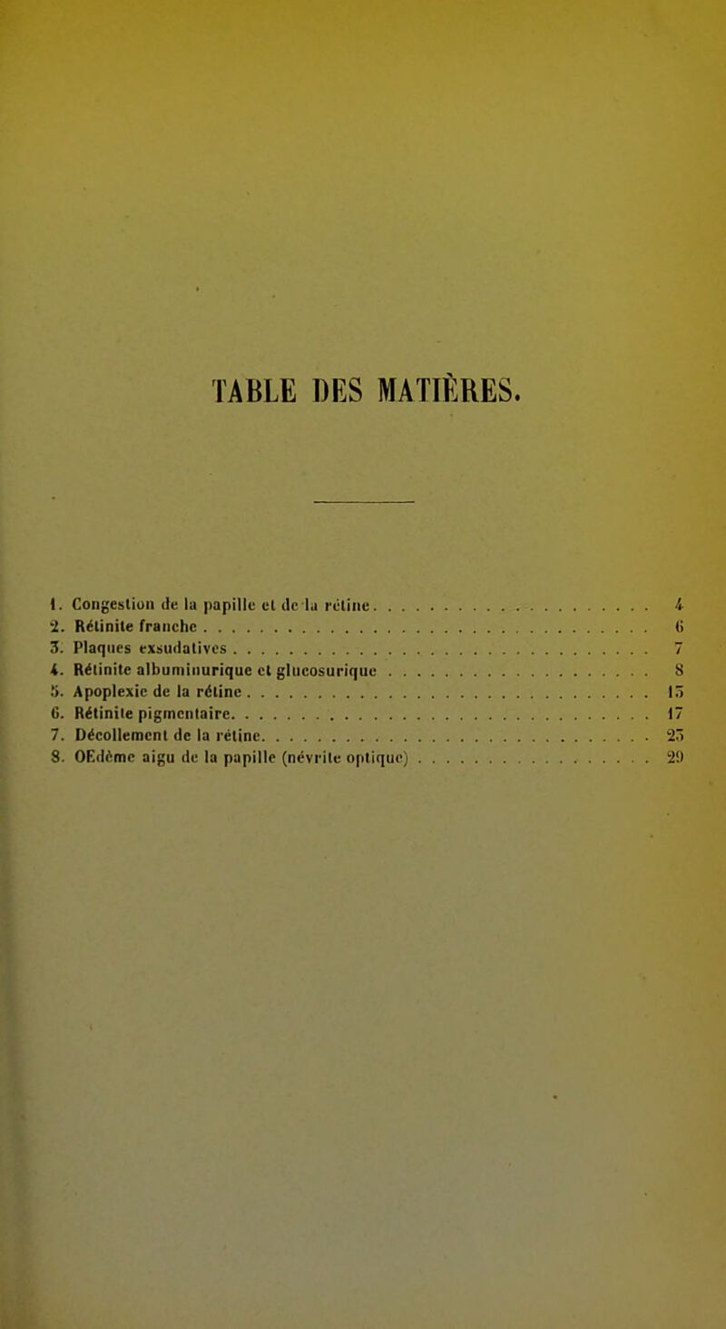 TABLE DES MATIÈRES. i. Congestion de la papille cl de la rétine 4 i. Rélinite franche (i 5. Plaques exsudativcs 7 4. Rélinite albuminurique et glucosurique 8 îi. Apoplexie de la rétine 15 6. Rétinile pigincnlaire 17 7. Décollement de la rétine 2ô 8. OEdèmc aigu de la papille (névrite optique) v 2!)