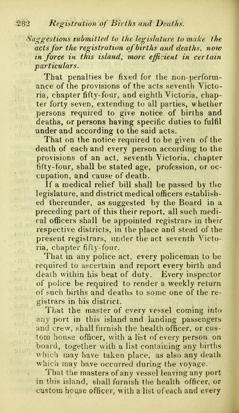 Sagg€Stio7is submit led to the legislature to make the acts for the registration of births and deaths, now in force in this island^ more efficient in certain particulars. That penalties be fixed for the non-perform- ance of the provisions of the acts seventh Victo- ria, chapter fifty-four, and eighth Victoria, chap- ter forty seven, extending to all parties, whether persons required to give notice of births and deaths, or persons having specific duties to fulfil under and according to the said acts. That on the notice required to be given of the death of each and every person according to the provisions of an act, seventh Victoria, chapter fifty-four, shall be stated age, profession, or oc- cupation, and cause of death. If a medical relief bill shall be passed by the legislature, and district medical officers establish- ed thereunder, as suggested by the Board in a preceding part of this their report, all such medi- cal officers shall be appointed registrars in their respective districts, in the place and stead of the present registrars, under the act seventh Victo- ria, chapter fifty-four. That in any police act, every policeman to be required to ascertain and report every birth and death within his beat of duty. Every inspector of police be required to render a weekly return of such births and deaths to some one of the re- gistrars in his district. That the master of every vessel coming into any port in this island and landing passengers and crew, shall furnish the health officer, or cus- tom house officer, with a list of every person on board, together with a list containing any birtiis which may have taken place, as also any death which may have occurred during the voyage. That the masters of any vessel leaving any port in this island, shall furnish tfie health officer, or custom bouse officer, with a list of each and every