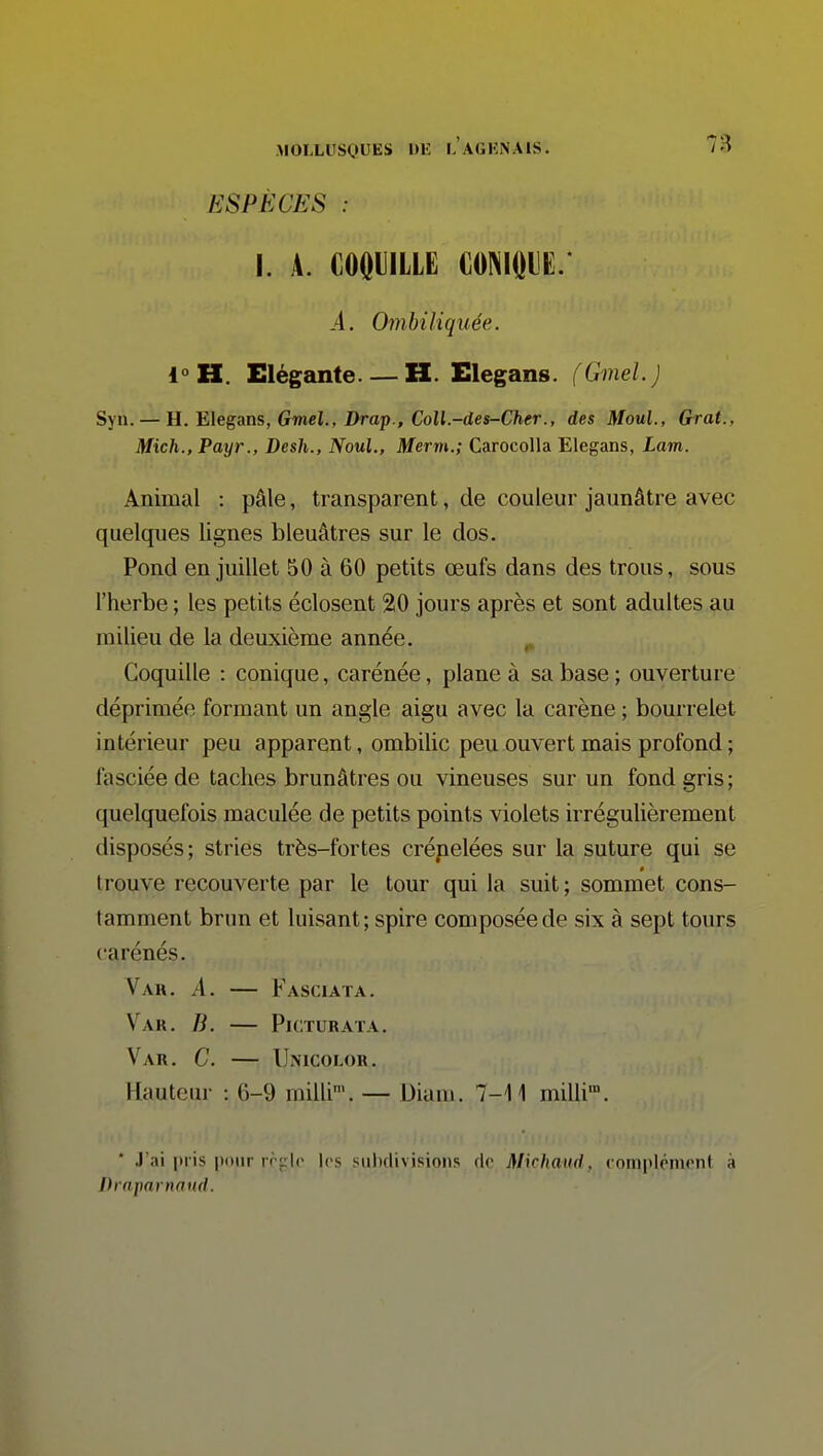 n ESPÈCES : I. A. COQUILLE CONIQUE. -4. Ombiliquée. 1°H. Elégante —H. Elegans. (Gmel.J Syu. — H. Elegms, Gmel., I>rap., Coll.-des-Cher., des Moul., Grat., Mich., Payr., Desh., Noul., Merm.; Carocolla Elegans, Lam. Animal : pâle, transparent, de couleur jaunâtre avec quelques lignes bleuâtres sur le dos. Pond en juillet 50 à 60 petits œufs dans des trous, sous l'herbe ; les petits éclosent 20 jours après et sont adultes au milieu de la deuxième année. Coquille : conique, carénée, plane à sa base; ouverture déprimée formant un angle aigu avec la carène ; bourrelet intérieur peu apparent, ombilic peu ouvert mais profond ; lasciée de taches brunâtres ou vineuses sur un fond gris; quelquefois maculée de petits points violets irrégulièrement disposés; stries très-fortes crépelées sur la suture qui se » trouve recouverte par le tour qui la suit; sommet cons- tamment brun et luisant ; spire composée de six à sept tours carénés. Vah. a. — Fasciata. Var. B. PlCrURATA. Var. C. — ILmcolor. Hauteur : 6-9 rnilli'. — Diam. 7-11 milli™. * J'ai pris pour rrf;lr les sul)divjsions do Michaud, complément à Drnpnrnnnd.