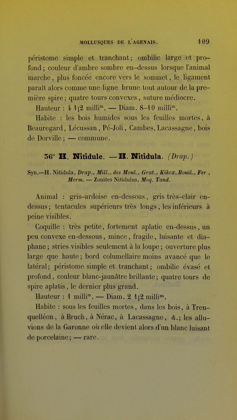 péristome simple et tranchant; ombilic large et pro- fond ; couleur d'ambro sombre en-dessus lorsque l'animal marche, plus foncée encore vers le sommet, le ligament paraît alors comme une ligne brune tout autour de la pre- mière spire ; quatre tours convexes, suture médiocre. Hauteur : 4 milli. — Diam. 8-10 milli™. Habite : les bois humides sous les feuilles mortes, à Beauregard, Lécussan, Pé-Joli, Cambes, Lacassagne, bois de Dorville ; — commune. 56° H. Nitidule. — H. Nitidula. (Drap.) Syn.—H. Nitidula, Drap., Mill., des Moul., Grat., Kikcx,Bouil., Fer , Merm. — Zonites Nitidulus, Moq. Tand. Animal : gris-ardoise en-dessous, gris très-clair en- dessus ; tentacules supérieurs très longs, les inférieurs à peine visibles. Coquille : très petite, fortement aplatie en-dessus, un peu convexe en-dessous, mince, fragile, luisante et dia- phane ; stries visibles seulement à la loupe ; ouverture plus large que haute ; bord columellaire moins avancé que le latéral; péristome simple et tranchant; ombilic évasé et profond, couleur blanc-jaunâtre brillante ; quatre tours de spire aplatis, le dernier plus grand. Hauteur : 1 milli. — Diam. 2 1i2l milli™. Habite : sous les feuilles mortes, dans les bois, à Tren- quelléon, àBruch, à Nérac, à Lacassagne, &.; les allu- vions de la Garonne oii elle devient alors d'un blanc luisant de porcelaine; — rare.