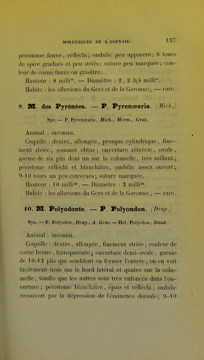 pélistonie fauve, réfléchi; ombilic peu apparent; 8 tours (le spire gradués et peu striés ; suture peu mar(juée ; cou- leur de corne fauve ou grisâtre. Hauteur : 8 milli'. — Diamètre : 2, 2 Bji milli'. Flabilc : les alluvions du Gers et de la Garonne; — rare. 9. im. des Pyrénées. — P. Pyrenœaria. (Mkh.) Syn. — P. Pyrenœaria, Mich., Merm., Grat. Animal : inconnu. Coquille : dextre, allongée, presque cylindrique, fine- ment striée ; sommet obtus ; ouverture rétrécie, ovale, garnie de six plis dont un sur la columelle, très saillant ; péristome réfléchi et blanchâtre, ombilic assez ouvert; 9-10 tours un peu convexes; suture marquée. Hauteur : 10 milli'». — Diamètre : 3 milli™. Habite : les alluvions du Gers et de la Garonne ; — rare. 10. M. Polyodonte. — P. Polyondon. (Drap.) Syn. — P. Polyodon, Drap., A. Gras. — Hel. Polyodon, Daud. Animal : inconnu. Coquille : dextre, allongée, finement striée ; couleur de corne brune, transparente ; ouverture demi-ovale, garnie de 10-12 plis qui semblent en fermer l'entrée ; on en voit facilement trois sur le bord latéral et quatre sur la colu- melle , tandis que les autres sont très enfoncés dans l'ou- verture; péristome blanchâtre, épais et réfléchi; ombilic recouvert par la dépression de l'éminence dorsale; 9-10