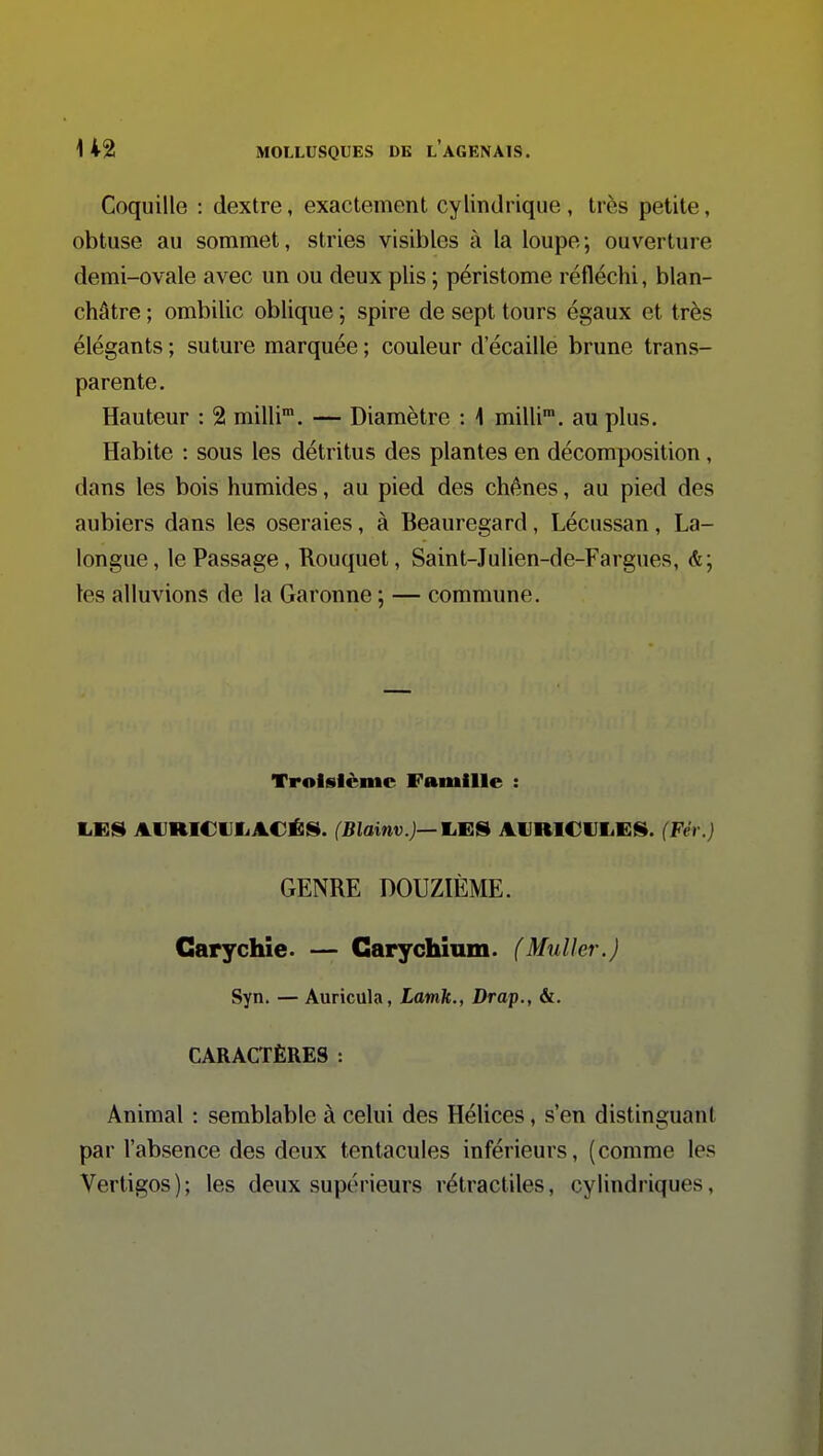 Coquille : dextre, exactement cylindrique , très petite, obtuse au sommet, stries visibles à la loupe; ouverture demi-ovale avec un ou deux plis ; péristome réfléchi, blan- châtre ; ombilic oblique ; spire de sept tours égaux et très élégants ; suture marquée ; couleur d'écaillé brune trans- parente. Hauteur : 2 milli™. — Diamètre : 1 milli™. au plus. Habite : sous les détritus des plantes en décomposition, dans les bois humides, au pied des chênes, au pied des aubiers dans les oseraies, à Beauregard, Lécussan, La- longue, le Passage, Rouquet, Saint-Julien-de-Fargues, &; tes alluvions de la Garonne ; — commune. Troisième Famille : liES AIJRICUIjACÉS. (Blainv.)—ljE» AVRICULES. (Fér.) GENRE DOUZIÈME. Garychie. — Garychium. (Muller.) Syn. — Auricula, Lamk., Drap., &. CARACTÈRES : Animal : semblable à celui des Hélices, s'en distinguant par l'absence des deux tentacules inférieurs, (comme les Vertigos); les deux supérieurs rétractiles, cylindriques,