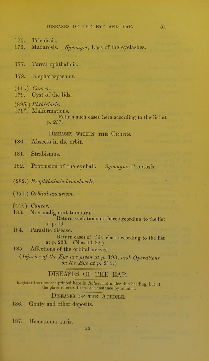 175. Trichiasis. 176. Madarosis. Synonym, Loss of the eyelashes. 177. Tarsal ophthalmia. 178. BlepharosiJasmus. (44^) Cancer. 179. Cyst of the lids. (895.) Phthiriasis. 179*. Malformations. Return such cases here according to the list at p. 237. Diseases within the Orbits. 180. Abscess in the orbit. 181. Strabismus. 182. Protrusion of the eyeball. Synonym, Proptosis. (282.) Exophthalmic hronchocele. (250.) Orbital aneurism. (44^) Cancer. 183. Non-malignant tumours. Return such tumours here according to the list at p. 19. 184. Parasitic disease. Return cases of this class according to the list at p. 233. (Nos. 14, 22.) 185. Affections of the orbital nerves. {Injuries of the Eye are r/iven at p. 193, and Operations on the Eye at p. 215.) DISEASES OF THeIeAE. Register the diseases printed here in Italics, not under this heading, but at the place referred to in each instance by number. Diseases of the Auricle. 186. Gouty and other deposits. 187. Hfcmatoma auris. E 2