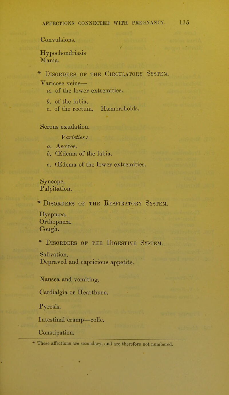 Convulsions. Hypochondriasis Mania. * Disorders of the Circulatory System. Varicose veins— a. of the lower extremities. h. of the labia, c. of the rectum. Haemorrhoids. Serous exudation. Varieties: a. Ascites. b. CEdema of the labia. c. CEdema of the lower extremities. Syncope. Palpitation. * Disorders of the Eespiratory System. Dyspnoea. Orthopnoea. Cough. * Disorders of the Digestive System, Salivation. Depraved and capricious appetite. Nausea and vomiting, Cardialgia or Heartburn. Pyrosis, Intestinal cramp—colic. Constipation.