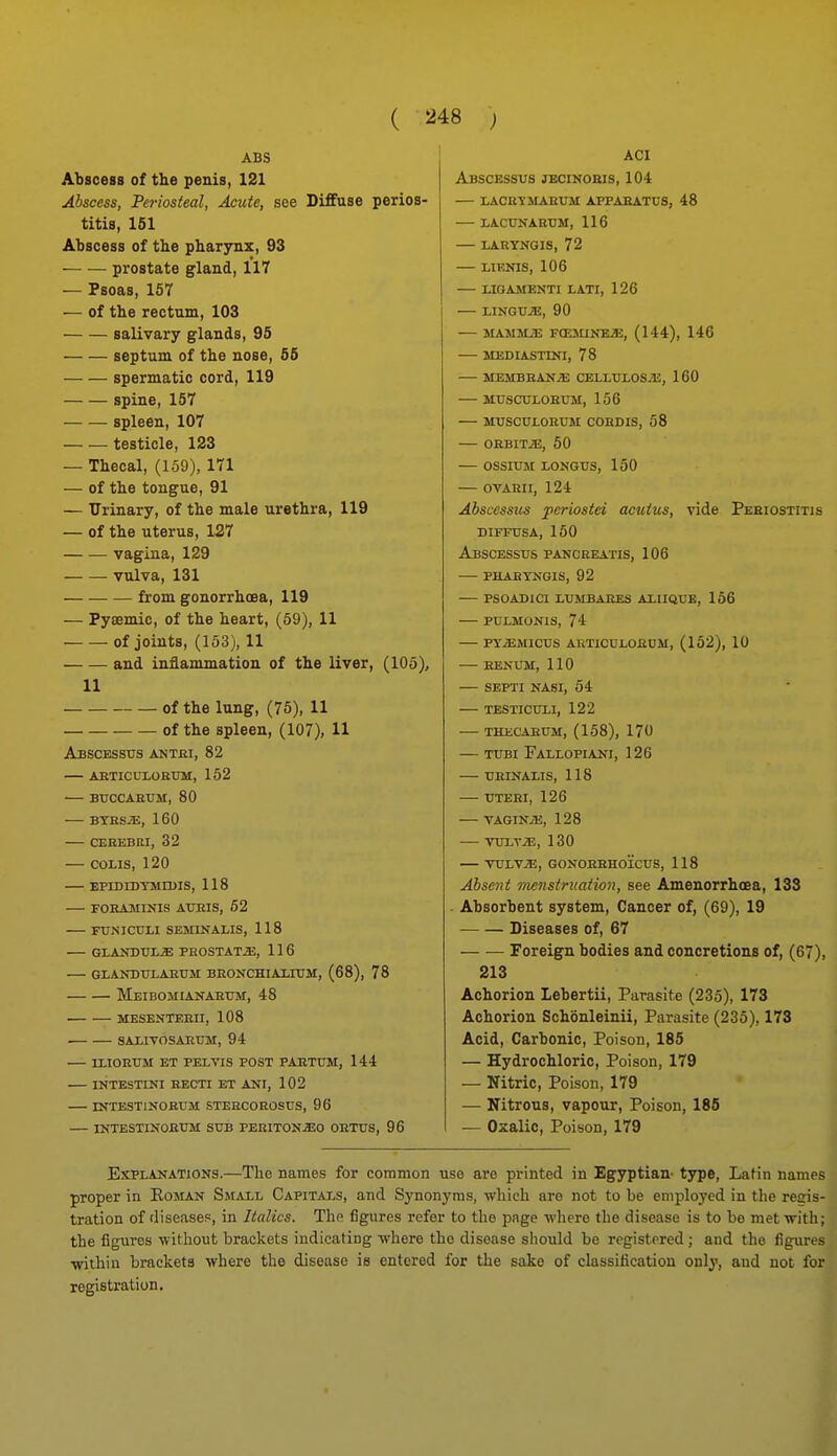 ABS Abscess of the penis, 121 Abscess, Periosteal, Acute, soe Diffuse perios- titis, 151 Abscess of the pharynx, 93 prostate gland, 117 — Psoas, 157 — of the rectum, 103 salivary glands, 95 septum of the nose, 56 spermatic cord, 119 spine, 157 spleen, 107 — — testicle, 123 — Thecal, (159), 171 — of the tongue, 91 — Urinary, of the male urethra, 119 — of the uterus, 127 vagina, 129 vulva, 131 from gonorrhoea, 119 — Pytemic, of the heart, (59), 11 of joints, (153), 11 and inflammation of the liver, (105), 11 of the lung, (75), 11 of the spleen, (107), 11 Abscesstjs antui, 82 abticuloeum, 152 •— btjccakum, 80 — BYRSX, 160 CEREBRI, 32 — COLIS, 120 EPIDIDTMIBIS, 118 FOBAMINIS AURIS, 62 FUNICrLI SEMINALIS, 118 GLANDTJL^ PROSTATAS, 116 — GLAfTDULARTJM BRONCHIAirUM, (68), 78 MEIBOSIIANAHtni, 48 MESENTEEII, 108 ■ SALIVOSARTm, 94 — mORUM ET PELVIS POST PAETUM, 144 INTESTINI RECTI ET ANI, 102 INTESTINORUM STEECOROSUS, 96 — INTESTINORUM SUB PERIT0NJ20 ORTUS, 96 ACI Abscessus jecinoeis, 104 lace's jiaeum appaeatus, 48 — LACUNAEtlM, 116 — LARYNGIS, 72 LIENIS, 106 LIOAMENTI I,ATI, 126 LINGUJE, 90 MAMMJE FCEMINEJE, (144), 146 — MEDIASTINI, 78 MEMBRANE CELLULOSyi:, 160 MUSCULORUM, 156 — MUSCULORUM CORDIS, 58 — ORBITS, 50 — OSSIUM LONGUS, 150 — OVARII, 124 Abscessus periosiei actiius, vide Periostitis DIFFUSA, 150 Abscessus pancreatis, 106 phaeyngis, 92 psoadici lumbares aliiqub, 166 pulmonis, 74 pyiemicus articuloeum, (152), 10 EENUM,110 SEPTI NASI, 54 — TESTICULI, 122 THECARUM, (158), 170 — TUB! Fallopiani, 126 UBINALIS, 118 UTERI, 126 VAGINJE, 128 — vuLv^, 130 — VULVAE, GONOEEHOICUS, 118 Absent Tnefistruation, see Amenorrhoea, 133 Absorbent system. Cancer of, (69), 19 Diseases of, 67 Foreign bodies and concretions of, (67), 213 Achorion Lebertii, Parasite (235), 173 Achorion Schbnleinii, Parasite (235), 173 Acid, Carbonic, Poison, 185 — Hydrochloric, Poison, 179 — Nitric, Poison, 179 — Nitrous, vapour. Poison, 186 — Oxalic, Poison, 179 Explanations.—The names for common use are printed in Egyptian- type, Latin names proper in Eoman Small Capitals, and Synonyms, wliieh are not to be employed in tlie recis- tration of diseases, in Italics. Tho figures refer to the pnge where the disease is to be met with; the figures without braclcets indicating where the disease should be registered ; and the figures ■within brackets where the disease is entered for the sake of classification only, and not for