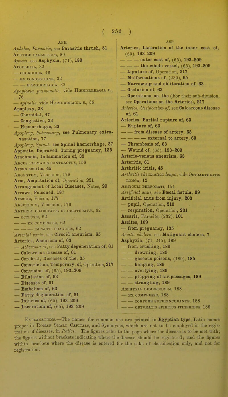 APH A]}hth(B, Parasitic, see Parasitic thruflli, 81 Aphtha PAEAsiTiciE, 80 Apnaa, see Asphyxia, (71), 189 Apoplexia, 32 choeoidea, 46 ex congestionb, 32 h^mohehagia, 32 Apoplexia imlmcynalis, vide HIemoeehagia p., 76 — spinalis, vide HjEMOBBHAGIa s., 36 Apoplexy, 33 — Choroidal, 47 — Congestive, 33 — Haemorrliagic, 33 Apoplexi/, Pulmonary, see Pulmonary extra- vasation, 77 Apoplexy, Spinal, see Spinal heemorrhage, 37 Appetite, Depraved, during pregnancy, 135 Araclinoid, Inflammation of, 33 Ahcus paxmaris contbactus, 158 Arcus senilis, 45 Ahgentum, Venenum, 178 Arm, Amputation of, Operation, 221 Arrangement of Local Diseases, Notes, 29 Arrows, Poisoned, 187 Arsenic, Poison, 177 Aesekictjm, Venenum, 176 AeTERLZE COAECTATiE ET OBLITERATE, 62 — OCCLCSiE, 62 EX COSrPEESSTJ, 62 IirPACTIS COAGULIS, 62 'Arterial'varix, see Cirsoid aneurism, 65 Arteries, Aneurism of, 63 Atheroma of, see Fatty degeneration of, 61 — Calcareous disease of, 61 — Cerebral, Diseases of the, 35 — Constriction, Temporary, of, Operation, 217 — Contusion of, (65), 193-209 — Dilatation of, 63 — Diseases of, 61 — Embolism of, 63 — Fatty degeneration of, 61 — Injuries of, (65), 193-209 — Laceration of, (65), 193-209 ASP Arteries, Laceration of the inner coat of, (65), 193-209 outer coat of, (65), 193-209 the whole vessel, (65), 193-209 — Ligature of. Operation, 217 — Malformations of, (239), 65 — Narrowing and obliteration of, 63 — Occlusion of, 63 — Operations on the (For tlieir sub-division, gee Operations on the Arteries), 217 Arteries, Ossification of, see Calcareous disease of, 61 Arteries, Partial rupture of, 63 — Kupture of, 63 — •— from disease of artery, 63 external to artery, 63 — Thrombosis of, 63 — Wound of, (65), 193-209 Arterio-venous aneurism, 63 Arteritis, 61 Arthritic iritis, 45 Arthritis rheumatica longa, vide Ostoabtheitis LONGA, 12 Aeticuli peefoeati, 154 Artificial anus, see Fsecal fistula, 99 Artificial anus from injury, 203 •— pupil. Operation, 215 — respiration. Operation, 231 Ascaris, Parasite, (232), 101 Ascites, 109 — from pregnancy, 135 Asiatic cholera, see Malignant cholera, 7 Asphyxia, (71, 245), 189 — from crushing, 189 drowning, 189 gaseous poisons, (189), 185 hanging, 189 overlying, 189 plugging of air-passages, 189 — — strangling, 189 Asphyxia demeesorum, 188 ex compressu, 188 cobpoee stjperixcttbante, 1 88 obttibatis spieitx7s itineeibus, 188 Explanations.—The names for common use are printed in Egyptian type, Latin names proper in Eoman Small Capitals, and Synonyms, -which are not to be employed in the regis- tration of diseases, in Italics. The figures refer to the page where the disease is to be met with; the figm-es without brackets indicating where the disease should be registered; and the figures within brackets where the disease is entered for the sake of classification only, and not for