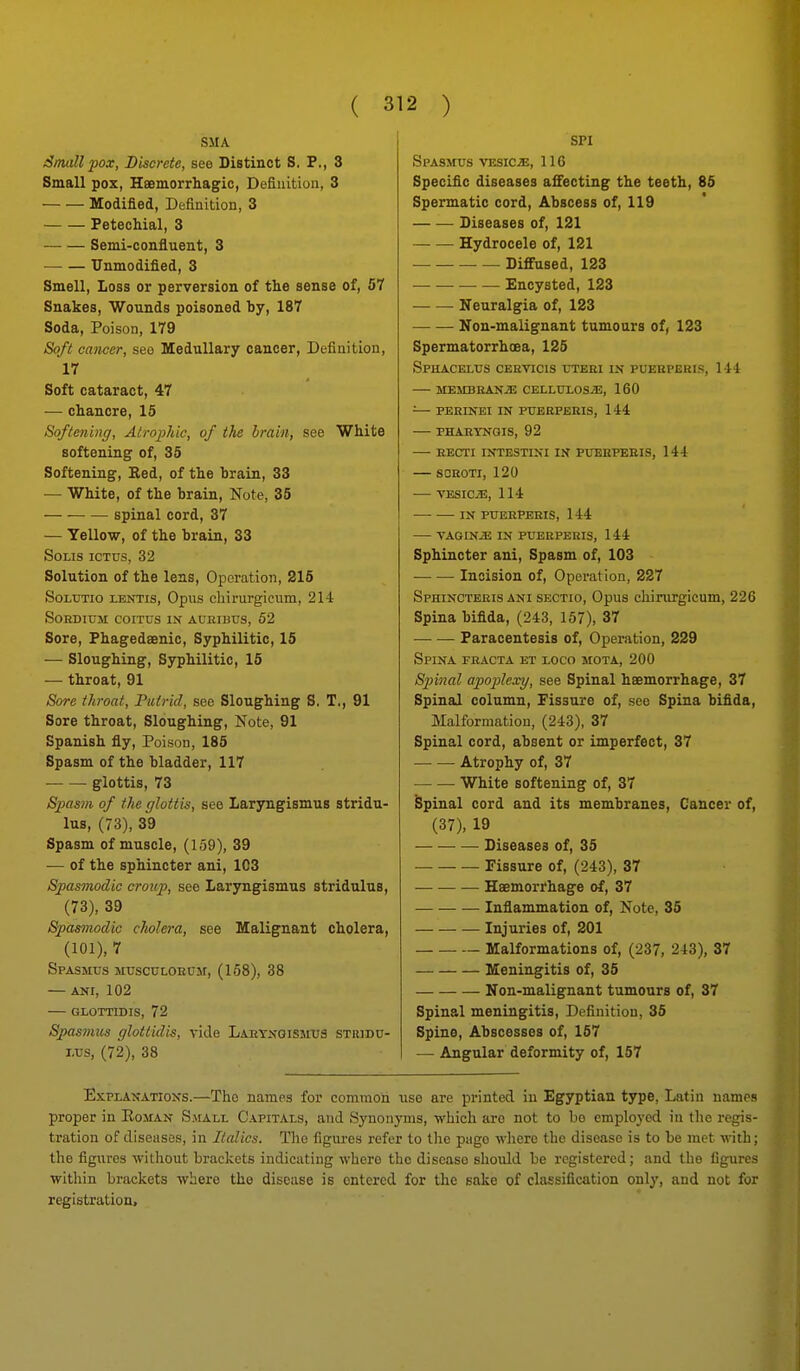 SUA Small pox, Discrete, see Distinct S, P., 3 Small pox, Heemorrhagic, Dofiiiitiou, 3 Modified, Definition, 3 Petechial, 3 Semi-confluent, 3 Unmodified, 3 Smell, Loss or perversion of the sense of, 57 Snakes, Wounds poisoned by, 187 Soda, Poison, 179 Soft cancer, see Medullary cancer, Definition, 17 Soft cataract, 47 — chancre, 15 Softening, Alrophic, of the brain, see White softening of, 35 Softening, Red, of the brain, 33 — White, of the brain. Note, 35 spinal cord, 37 — Yellow, of the brain, 33 SoLis ICTUS, 32 Solution of the lens. Operation, 216 SoLXJTio LEOTis, Opus chirurgicum, 214 SORDIUM COITUS IN AUHIUUS, 52 Sore, Phagedsenic, Syphilitic, 15 — Sloughing, Syphilitic, 15 — throat, 91 Sore throat. Putrid, see Sloughing S. T,, 91 Sore throat. Sloughing, Note, 91 Spanish fly. Poison, 185 Spasm of the bladder, 117 glottis, 73 Spasm of the glottis, see Laryngismus stridu- lus, (73), 39 Spasm of muscle, (159), 39 — of the sphincter ani, 103 Spasmodic croup, see Laryngismus stridulus, (73), 39 Spasmodic clwlera, see Malignant cholera, (101), 7 Spasmus musculorum, (158), 38 ANI, 102 GLOTTIDIS, 72 Spasmus glottidis, vide Laetngismu3 stridu- lus, (72), 38 SPI Spasmus vesicae, IIC Specific diseases affecting the teeth, 85 Spermatic cord, Abscess of, 119 Diseases of, 121 Hydrocele of, 121 Diffused, 123 Encysted, 123 Neuralgia of, 123 —• — Non-malignant tumours of, 123 Spermatorrhcea, 125 Sphacelus ceevicis uteri in puebperis, 144 MEMBBANiE CELLULOSiE, 160 =— PERINEI IN PUERPERIS, 144 PHARYNQIS, 92 — recti intestini in puerpeeis, 144 SCROTI, 120 VESICAE, 114 — IN PUERPERIS, 144 — VAGINA IN PUERPERIS, 144 Sphincter ani. Spasm of, 103 Incision of, Operation, 227 Sphincteris ANI SECTio, Opus chirurgicum, 226 Spina bifida, (243, 157), 37 Paracentesis of. Operation, 229 Spina fracta et loco mota, 200 Spinal apopilcxy, see Spinal haemorrhage, 37 Spinal column, Fissure of, sec Spina bifida. Malformation, (243), 37 Spinal cord, absent or imperfect, 37 — — Atrophy of, 37 White softening of, 37 Spinal cord and its membranes, Cancer of, (37), 19 Diseases of, 35 Fissure of, (243), 37 Hsemorrhage of, 37 Inflammation of, Note, 35 Injuries of, 201 Malformations of, (237, 243), 37 Meningitis of, 35 Non-malignant tumours of, 37 Spinal meningitis, Definition, 35 Spine, Abscesses of, 157 I — Angular deformity of, 157 Explanations.—The names for common use are printed iu Egyptian type, Latin names proper in Roman Small Capitals, and Synonyms, which are not to be employed in the regis- tration of diseases, in Italics. The figures refer to the page wliere the disease is to be met with; the figures without brackets indicating where the disease should be registered; and the figures within brackets where the disease is entered for the sake of classification only, and not for