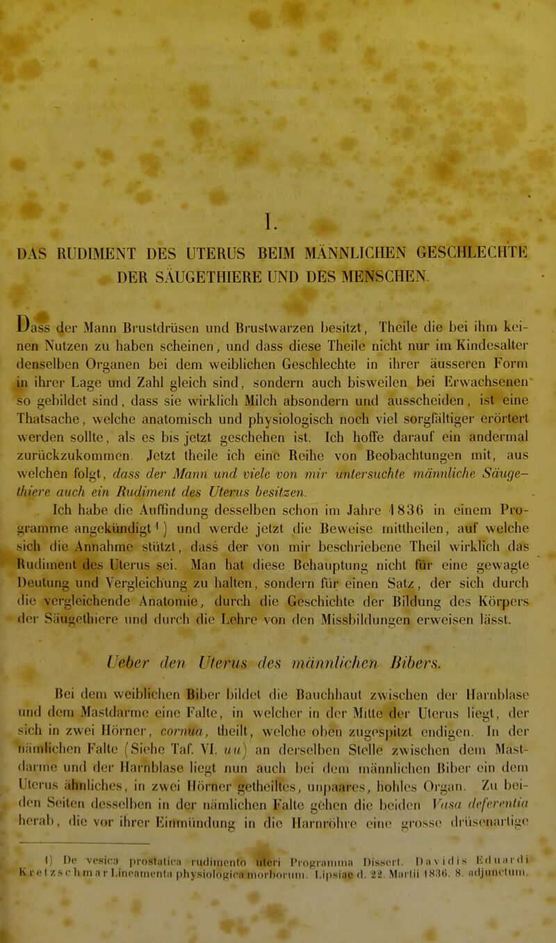 I. DAS RUDIMENT DES UTERUS BEIM MÄNNLICHEN GESCHLECHTE DER SÄUGETHIERE UND DES »lENSCHEN. Dass der Mann Brustdrüsen und Brustwarzen besitzt, Theile die bei ihm kei- nen Nutzen zu haben scheinen, und dass diese Theile nicht nur im Kindesalter denselben Organen bei dem weiblichen Geschlechte in ihrer äusseren Form in ihrer Lage und Zahl gleich sind, sondern auch bisweilen bei Erwachsenen so gebildet sind, dass sie wirklich Milch absondern und ausscheiden, ist eine Thatsache, welche anatomisch und physiologisch noch viel sorgfältiger erörtert werden sollte, als es bis jetzt geschehen ist. Ich hoffe darauf ein andermal zurückzukommen. Jetzt theile ich eine Reihe von Beobachtungen mit, aus welchen folgt, dass der Mann und viele von mir untersuchte männliche Säuge- tkiere auch ein Rudiment des Uterus besitzen. Ich habe die Auffindung desselben schon im Jahre 1836 in einem Pro- ii;ramme angekündigt') und werde jetzt die Beweise mitlheilen, auf welche >ich die Annahme stützt, dass der von mir beschi-iebene Theil wirklich das Rudiment des Uterus sei. Man hat diese Behauptung nicht für eine gewagte Deutung und VergleicHung zu halten, sondern für einen Satz, der sich durch die vergleichende Anatomie, durch die Geschichte der Bildung des Körpers der Säugethiere und durch die Lehre von den Missbildungen erweisen lässt. Ueber den Uterus des männlichen Bibers. Bei dem weiblichen Biber bildet die Bauchhaut zwischen der Harnblase und dem Mastdarme eine Falte, in welcher in der Mitte der Uterus liegt, der sich in zwei Hörner, cornua, Iheilt, welche oben zugespitzt endigen. In der nämlichen Falte (Siehe Taf VI. uu) an derselben Stelle zwischen dem Mast- darme und der Harnblase liegt nun auch bei flem männlichen Biber ein dem Uterus ähnliches, in zwei Hörner gethcilles, unpaares, hohles Organ. Zu bei- den Seiten desselben in der nämlichen Falte gehen die beiden Vasa deferenlia herab, die vor ihrer Einmündung in die Harnröhre eine gro.sse drüsenarligo I) !)(> vcsica prostalica rudimcnlo uteri l'iofjinmiiia Disst-il. Davidi.s Krluarili Ki-elzsrhmarLinoatnunta physiolof^iramorhonim. I.ipsiao d. 22. Marlii 1«3ü. «. adjiincluiii.