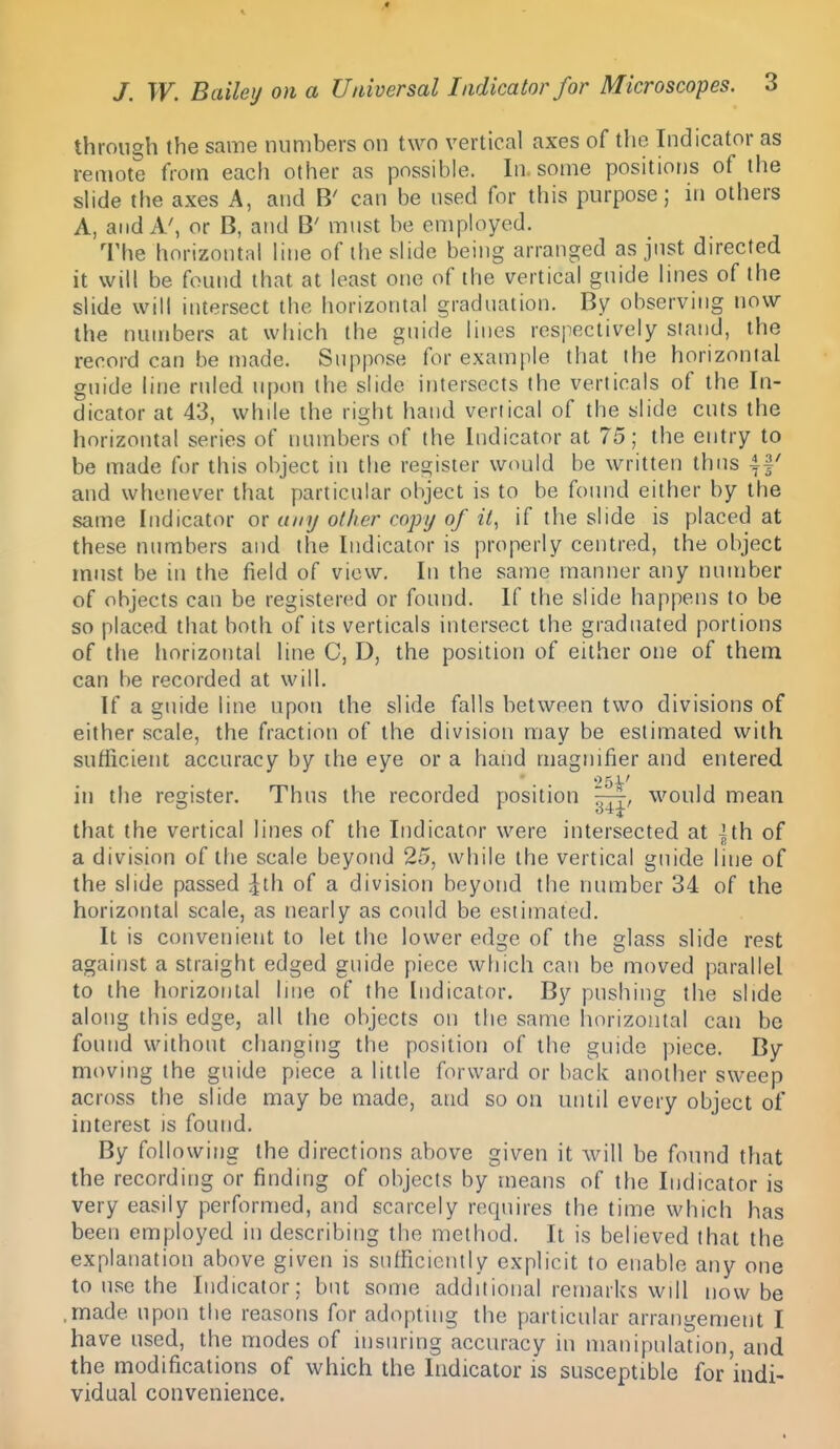 through the same numbers on two vertical axes of the Indicator as remote from each other as possible. In some positions of the slide the axes A, and B' can be used for this purpose; in others A, and A', or B, and B' must be employed. The horizontal line of the slide being arranged as just directed it will be found that at least one of the vertical guide lines of the slide will intersect the horizontal graduation. By observing now the numbers at which the guide lines respectively stand, the record can be made. Suppose for example that the horizontal guide line ruled upon the slide intersects the verticals of the In- dicator at 43, while the right hand vertical of the slide cuts the horizontal series of numbers of the Indicator at 75; the entry to be made for this object in the register would be written thus and whenever that particular object is to be found either by the same Indicator or any other copy of it., if the slide is placed at these numbers and the Indicator is properly centred, the object must be in the field of view. In the same manner any number of objects can be registered or found. If the slide happens to be so placed that both of its verticals intersect the graduated portions of the horizontal line C, D, the position of either one of them can be recorded at will. If a guide line upon the slide falls between two divisions of either scale, the fraction of the division may be estimated with sufficient accuracy by the eye or a hand magnifier and entered in the register. Thus the recorded position would mean that the vertical lines of the Indicator were intersected at ]th of a division of the scale beyond 25, while the vertical guide line of the slide passed ^th of a division beyond the number 34 of the horizontal scale, as nearly as could be estimated. It is convenient to let the lower edge of the glass slide rest against a straight edged guide piece which can be moved parallel to the horizontal line of the Indicator. By pushing the slide along this edge, all the objects on the same horizontal can be found without changing the position of the guide piece. By moving the guide piece a little forward or back another sweep across the slide may be made, and so on until every object of interest is found. By following the directions above given it will be found that the recording or finding of objects by means of the Indicator is very easily performed, and scarcely requires the time which has been employed in describing the method. It is believed that the explanation above given is sufficiently explicit to enable any one to use the Indicator; but some additional remarks will now be .made upon the reasons for adopting the particular arrangement I have used, the modes of insuring accuracy in manipulation, and the modifications of which the Indicator is susceptible for'indi- vidual convenience.