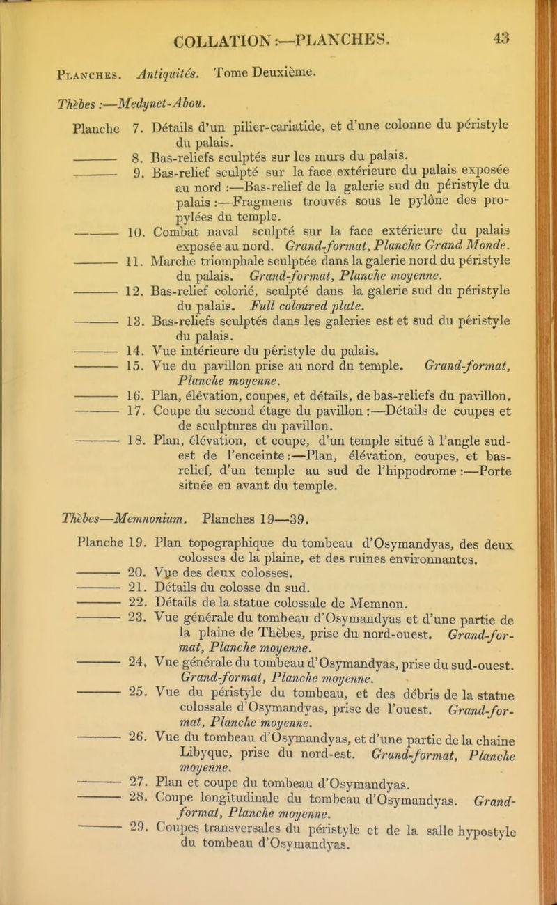 Planches. Antiquit^s. Tome Deuxi^me. Thebes:—Medynet-Ahou. Planche 7. Details d'un pilier-cariatide, et d'une colonne du peristyle du palais. 8. Bas-reliefs sculptes sur les murs du palais. 9. Bas-relief sculpts sur la face exterieure du palais expos^e au nord :—Bas-relief de la galerie sud du peristyle du palais :—Fragmens trouves sous le pylone des pro- pylees du temple. 10. Combat naval sculpte sur la face exterieure du palais exposee au nord. Grand-format, Planche Grand Monde. 11. Marche triomphale sculptee dans la galerie nord du peristyle du palais. Grand-format, Planche moyenne. 12. Bas-relief colorie, sculpte dans la galerie sud du peristyle du palais. Full coloured plate. 13. Bas-reliefs sculptes dans les galeries est et sud du peristyle du palais. 14. Vue interieure du peristyle du palais. 15. Vue du pavilion prise au nord du temple. Grand-format, Planche moyenne. 16. Plan, elevation, coupes, et details, de bas-reliefs du pavilion. 17. Coupe du second etage du pavilion:—Details de coupes et de sculptures du pavilion. 18. Plan, elevation, et coupe, d'un temple situe a Tangle sud- est de I'enceinte:—Plan, elevation, coupes, et bas- relief, d'un temple au sud de Thippodrome :—Porte situee en avant du temple. Thebes—Memnonium. Planches 19—39. Planche 19. Plan topographique du tombeau d'Osymandyas, des deux colosses de la plaine, et des mines environnantes. 20. Vye des deux colosses. 21. Details du colosse du sud. 22. Details de la statue colossale de Memnon. 23. Vue generale du tombeau d'Osymandyas et d'une partie de la plaine de Thebes, prise du nord-ouest. Grand-for- mat, Planche moyenne. 24. Vue generale du tombeau d'Osymandyas, prise du sud-ouest. Grand-format, Planche moyenne. 25. Vue du peristyle du tombeau, et des debris de la statue colossale d'Osymandyas, prise de I'ouest. Grand-for- mat, Planche moyenne. 26. Vue du tombeau d'Osymandyas, et d'une partie de la chaine Libyque, prise du nord-est. Grand-format, Planche moyenne. 27. Plan et coupe du tombeau d'Osymandyas. 28. Coupe longitudinale du tombeau d'Osymandyas. Grand- format, Planche moyenne. 29. Coupes transversales du peristyle et de la salle hypostyle du tombeau d'Osymandyas.