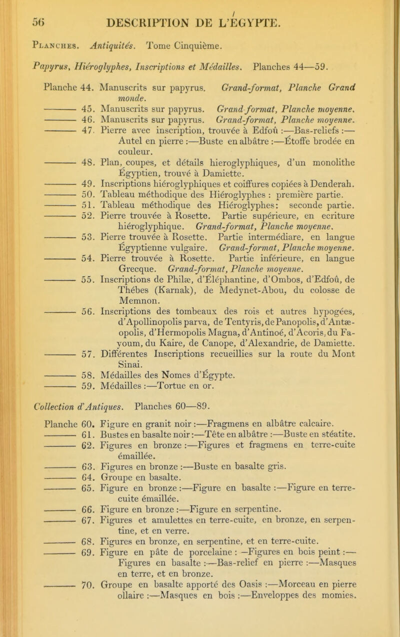 Planches. Antiquit^s. Tome Cinqui^me. Papyrus, Hieroglyphes, Inscriptions et Medailles. Planches 44—59. Planche 44. Manuscrits sur papyrus. Gi-and-format, Planche Grand monde. 45. Manuscrits sur papyrus. Grand format, Planche moyenne, 46. Manuscrits siu* papyrus. Grand-format, Planche moyenne. 47. Pierre avec inscription, trouvee a Edfofi:—Bas-reliefs :— Autel en pierre :—Buste en albatre :—^tolFe brodee en couleur. 48. Plan, coupes, et details hieroglypliiques, d'un monolitlie Egyptien, trouve a Damiette. 49. Inscriptions hieroglyphiques et coiffures copiees a Denderah. 50. Tableau methodique des Hieroglyphes : premiere partie. 51. Tableau methodique des Hieroglyphes: seconde partie. 52. Pierre trouvee a Rosette. Partie superieure, en ecriture hieroglyphique. Grand-format, Planche moyenne. 53. Pierre trouvee a Rosette. Partie intermediare, en langue I^gjqDtienne vulgaire. Grand-format, Planche moyenne. 54. Pierre trouvee a Rosette. Partie inferieure, en langue Grecque. Grand-format, Planche moyenne. 55. Inscriptions de Philx, d'^lephantine, d'Ombos, d'Edfou, de Thebes (Karnak), de Medynet-Abou, du colosse de Memnon. 56. Inscriptions des tombeaux des rois et autres hypogees, d'ApoUinopolis parva, de Tentyris, de Panopolis, d'Antse- opolis, d'Hermopolis Magna, d'Antinoe, d'Acoris^du Fa- youm, du Kaire, de Canope, d'Alexandrie, de Damiette. 57. Differentes Inscriptions recueillies sur la route du Mont Sinai. 58. Medailles des Nomes d'ligypte. 59. Medailles :—Tortue en or. Collection d'Antiques. Planches 60—89. Planche 60. Figure en granit noir:—Fragmens en albatre calcaire. 61. Bustes en basalte noir:—Tete en albatre :—Buste en steatite. 62. Figures en bronze :—Figures et fragmens en terre-cuite emaillee. 63. Figures en bronze:—Buste en basalte gris. 64. Groupe en basalte. 65. Figure en bronze :—Figure en basalte :—Figure en terre- cuite emaillee. 66. Figure en bronze :—Figure en serpentine. 67. Figures et amulettes en terre-cuite, en bronze, en serpen- tine, et en verre. 68. Figures en bronze, en serpentine, et en terre-cuite. 69. Figure en pate de porcelaine : —Figures en bois peint:— Figures en basalte :—Bas-relief en pierre :—Masques en terre, et en bronze. 70. Groupe en basalte apporte des Oasis :—Morceau en pierre ollaire :—Masques en bois :—Enveloppes des momies.