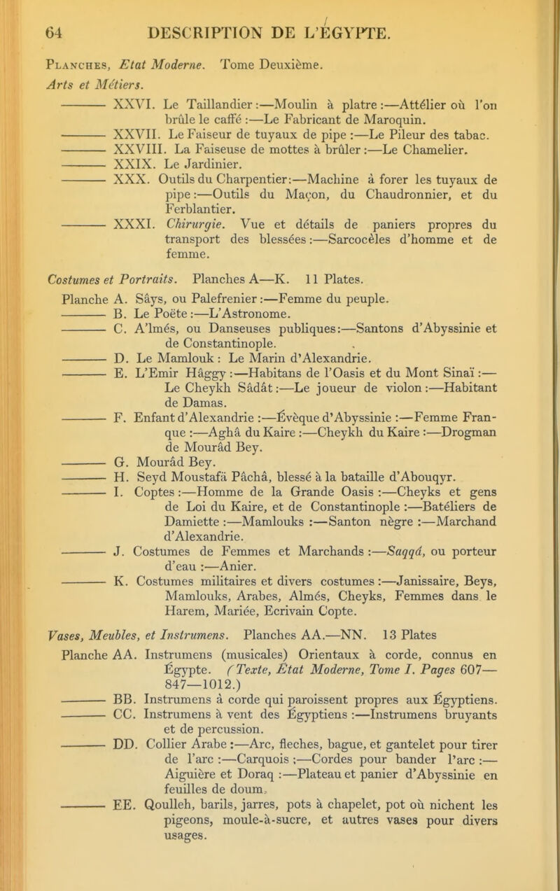 Planches, Etat Moderne. Tome Deuxi&me, Arts et MiHiers. XXVI. Le Taillandier :—Moulin a platre :—Att^lier oii Ton brule le caife :—Le Fabricant de Maroquin. XXVII. LeFaiseur de tuyaux de pipe :—Le Pileur des tabac. XXVIII. La Faiseuse de mottes a briiler :—Le Chamelier, XXIX. Le Jardinier. XXX. Outils du Charpentier:—Machine a forer les tuyaiix de pipe:—Outils du Macon, du Chaudronnier, et du Ferblantier. XXXI. Chirurgie. Vue et details de paniers propres du transport des blessees:—Sarcoc^les d'homme et de femme. Costumes et Portraits. Planches A—K. 11 Plates. Planche A. Says, ou Palefrenier:—Femme du peuple. B. Le Poete :—L'Astronome. C. A'lmes, ou Danseuses publiques:—Santons d'Abyssinie et de Constantinople. D. Le Mamlouk : Le Marin d'Alexandrie, E. L'Emir Haggy :—Habitans de 1'Oasis et du Mont Sinai:— Le Cheykh Sadat:—Le joueur de violon:—Habitant de Damas. F. Enfant d'Alexandrie :—^veque d'Abyssinie :—Femme Fran- que :—Agha du Kaire :—Cheykh du Kaire :—Drogman de Mourad Bey. G. Mourad Bey. H. Seyd Moustafa Pacha, bless^ kla bataille d'Abouqyr. I. Coptes:—Homme de la Grande Oasis :—Cheyks et gens de Loi du Kaire, et de Constantinople :—Bateliers de Damiette :—Mamlouks :—Santon nfegre :—Marchand d'Alexandrie. • J. Costumes de Femmes et Marchands :—Saqqd, ou porteur d'eau :—Anier. K. Costumes militaires et divers costumes :—Janissaire, Beys, Mamlouks, Arabes, Almds, Cheyks, Femmes dans le Harem, Mariee, Ecrivain Copte. Vases, Meuhles, et Instrumens. Planches AA.—NN. 13 Plates Planche AA. Instrumens (musicales) Orientaux k corde, connus en ^gy'pte. fTexte, Etat Moderne, Tome I. Pages 607— 847—1012.) BB. Instrumens a corde qui paroissent propres aux ^gyptiens. CC. Instrumens a vent des Egyptiens :—Instrumens bruyants et de percussion. DD. Collier Arabe:—Arc, fleches, bague, et gantelet pour tirer de Tare :—Carquois :—Cordes pour bander I'arc :— Aigui^re et Doraq :—Plateau et panier d'Abyssinie en feuilles de doum.. EE. Qoulleh, barils, jarres, pots a chapelet, pot ou nichent les pigeons, moule-a-sucre, et autres vases pour divers usages.