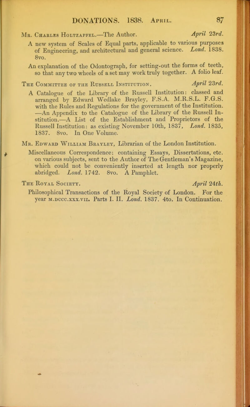 Mr. Charles Holtzapfel.—The Author. April 23rd. A new system of Scales of Equal parts, applicable to various purposes of Engineering, and architectural and general science. Lond. 1838. Svo. An explanation of the Odontograph, for setting-out the forms of teeth, so that any two wheels of a set may work truly together. A folio leaf. The Committee of the Russell Institution. April 23rd. A Catalogue of the Library of the Russell Institution: classed and arranged by Edward Wedlake Brayley, F.S.A. M.R.S.L. F.G.S. with the Rules and Regulations for the government of the Institution. —An AiDpendix to the Catalogue of the Library of the Russell In- stitution.—A List of the Establishment and Proprietors of the Russell Institution: as existing November 10th, 1837, Lond. 1835, 1837. Svo. In One Volume. Mr. Edward William Brayley, Librarian of the London Institution. Miscellaneous Correspondence; containing Essays, Dissertations, etc. on various subjects, sent to the Author of The Gentleman's Magazine, which could not be conveniently inserted at length nor properly abridged. Lond. 1742. 8vo. A Pamphlet. The Royal Society. April 24th. Philosophical Transactions of the Royal Society of London. For the year m.dccc.xxx.vii. Parts I. II. Lond, 1837. 4to, In Continuation.