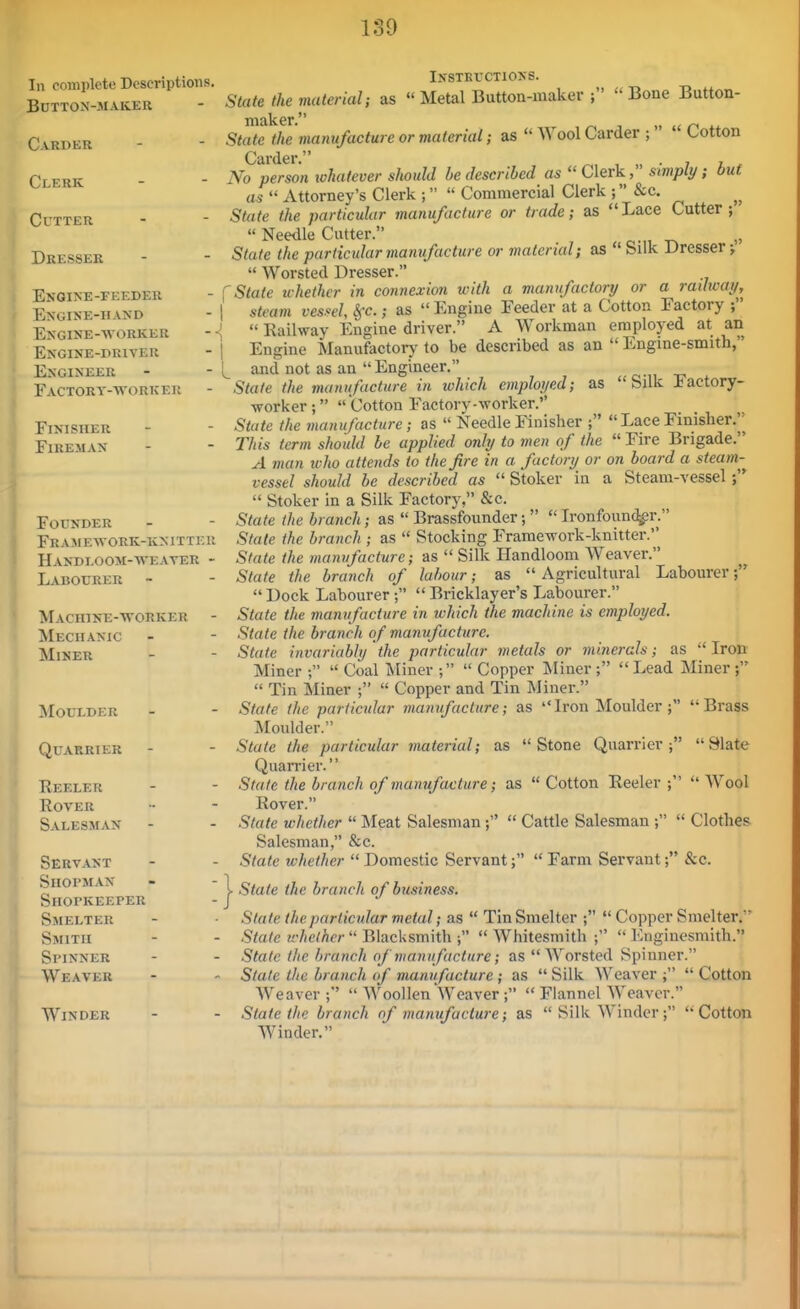 130 111 complete Descriptions Button-maker Cardku Clekk Cutter Dresser Engine-FEEDER Engine-hand Engine-worker ENGINE-DPaVER Engineer Factory-worker Finisher Fireman Founder Framework-knittki; Handi.oom-weaver • Labourer Machine-worker Mechanic Miner Moulder Quarrier Reeler Rover Salesman Servant SiiorJiAN Shopkeeper Smelter Smith Spinner Weaver Winder Instkuctioks. State the material; as  Metal Button-maker ;  Bone Button- State the manufacture or material; as  Wool Carder ;   Cotton Carder. , No person whatever should be described as Clerk, simply; but as  Attorney's Clerk ;   Commercial Clerk ; &c. State the particular manufacture or trade; as Lace Cutter; Needle Cutter. State the particular manufacture or material; as  Silk Dresser;  Worsted Dresser. [State whether in connexion with a manufactory or a railway,^ I steam vessel ifc.; as  Engine Feeder at a Cotton Factory J.  Railway Engine driver. A Workman employed at an I Engine Manufactory' to be described as an  Engine-smith, 1^ and not as an Engineer. State the manufacture in ivhich employed; as Silk Factory- worker; Cotton Factory-worker. State the manufacture; as  Needle Finisher  Lace Finisher. This term should be applied only to men of the  Fire Brigade. A man who attends to the fire in a factory or on board a steam- vessel should be described as  Stoker in a Steam-vessel;  Stoker in a Silk Factory, &c. State the branch; as  Brassfounder;   L-onfoun^r. I State the branch ; as  Stocking Framework-knitter. • State the manufacture; as  Silk Handloom Weaver. • State the branch of labour; as  Agricultural Labourer;  Dock Labourer ;  Bricklayer's Labourer. - State the manufacture in ivhich the machine is employed. ■ State the branch of manufacture. - State invariably the particular metals or minerals; as Iron Miner ;  Coal Miner ;  Copper Miner; Lead Miner;  Tin Miner ;  Copper and Tin Miner. - State the particular vmnufaclure; as Iron Moulder; Brass Moulder. State the particular material; as Stone Quarrier; Slate Quan-ier. - State the branch of manufacture; as  Cotton Reeler ;  Wool Rover. . State whether  Meat Salesman ;  Cattle Salesman ;  Clothes Salesman, &c. - State whether  Domestic Servant;  Farm Servant; &c. State the branch of business. State the particular metal; as  Tin Smelter ;  Copper Smelter. State whether  Bhcksmkh Whitesmith ;  Enginesmith. State the branch of manufacture; as Worsted Spinner. Slate the branch of manufacture ; as  Silk Weaver ;  Cotton Weaver;  Woollen Weaver ;  Flannel Weaver. State the branch of manufacture; as  Silk Winder;  Cotton Winder.