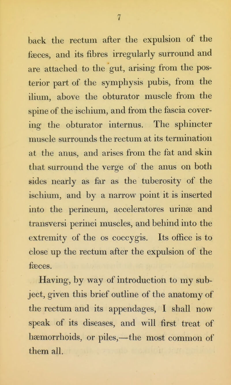 back the rectum after the expulsion of the faeces, and its fibres irregularly surround and are attached to the gut, arising from the pos- terior part of the symphysis pubis, from the ilium, above the obturator muscle from the spine of the ischium, and from the fascia cover- ing the obturator internus. The sphincter muscle surrounds the rectum at its termination at the anus, and arises from the fat and skin that surround the verge of the anus on both sides nearly as far as the tuberosity of the ischium, and by a narrow point it is inserted into the perineum, acceleratores urinse and transversi perinei muscles, and behind into the extremity of the os coccygis. Its office is to close up the rectum after the expulsion of the faeces. Having, by way of introduction to my sub- ject, given this brief outline of the anatomy of the rectum and its appendages, I shall now speak of its diseases, and will first treat of haemorrhoids, or piles,—the most common of them all.