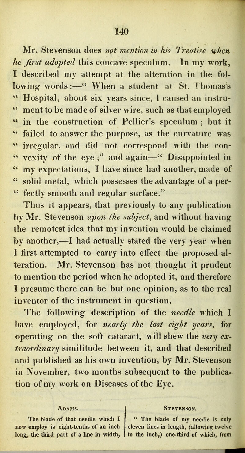Mr. Stevenson does not mention in his Treatise when he first adopted this concave speculum. In my work, I described my attempt at the alteration in the fol- lowing words:— When a student at St. 1 homas's Hospital, about six years since, 1 caused an instru- ment to be made of silver wire, such as that employed in the construction of Pellier's speculum ; but it failed to answer the purpose, as the curvature vvas irregular, and did not correspond with the con- vexity of the eye and again— Disappointed in my expectations, I have since had another, made of solid metal, which possesses the advantage of a per- fectly smooth and regular surface. Thus it appears, that previously to any publication by Mr. Stevenson upon the subject^ and without having the remotest idea that my invention would be claimed by another,—I had actually stated the very year when I first attempted to carry into effect the proposed al- teration. Mr. Stevenson has not thought it prudent to mention the period when he adopted it, and therefore I presume there can be but one opinion, as to the real inventor of the instrument in question. The following description of the needle which I have emplo}^ed, for nearly the last eight years, for operating on the soft cataract, will shew the very ex- traordinary similitude between it, and that described and published as his own invention, by Mr. Stevenson in November, two months subsequent to the publica- tion of my work on Diseases of the Eye. Adams. The blade of that needle which I MOW employ is eight-tenths of an inch long, the third part of a line in width, Stevenson. The blade of my needle is only eleven lines in length, (allowing twelve to the inch,) one-third of which, from