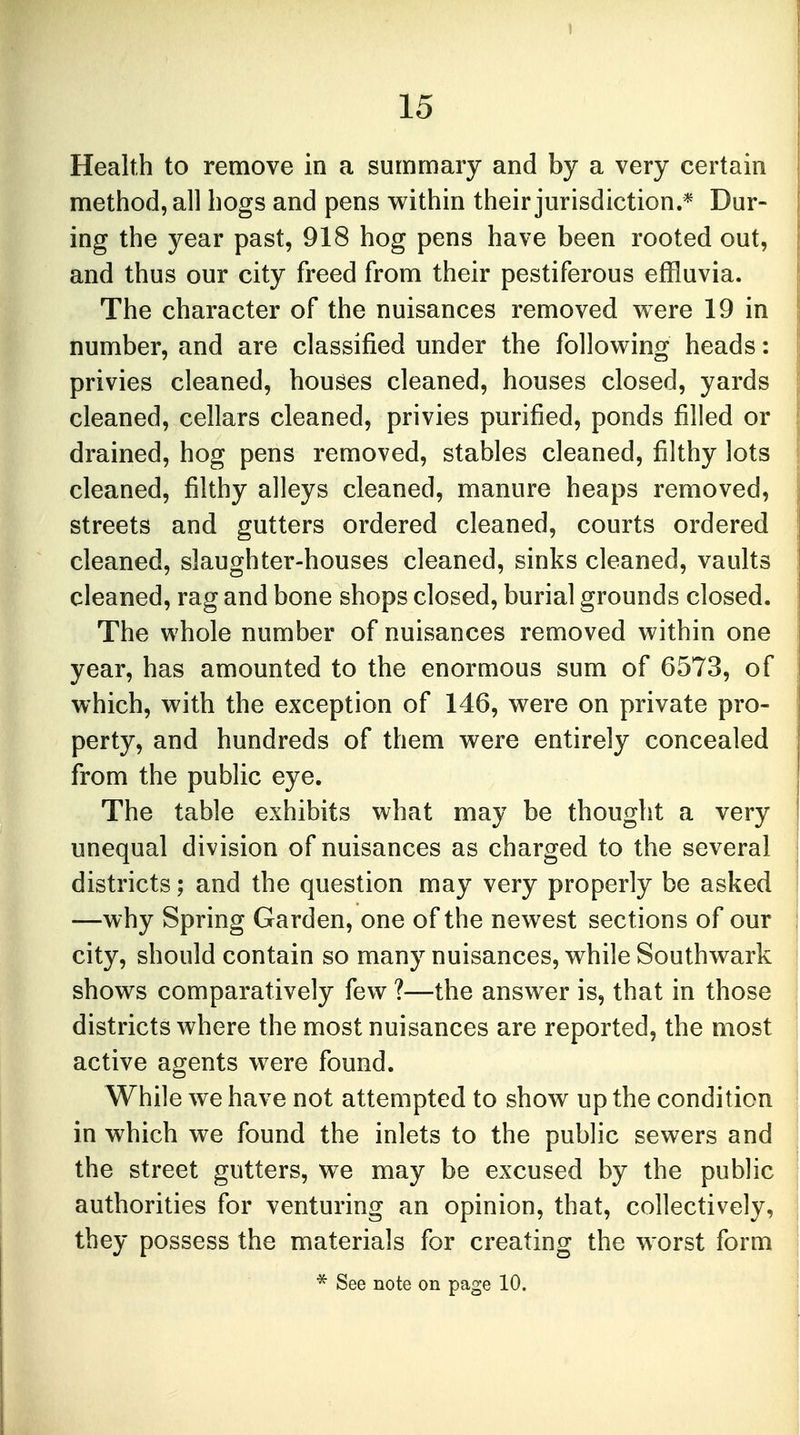 Health to remove in a summary and by a very certain method, all hogs and pens within their jurisdiction.* Dur- ing the year past, 918 hog pens have been rooted out, and thus our city freed from their pestiferous effluvia. The character of the nuisances removed were 19 in number, and are classified under the following heads: privies cleaned, houses cleaned, houses closed, yards cleaned, cellars cleaned, privies purified, ponds filled or drained, hog pens removed, stables cleaned, filthy lots cleaned, filthy alleys cleaned, manure heaps removed, streets and gutters ordered cleaned, courts ordered cleaned, slaughter-houses cleaned, sinks cleaned, vaults cleaned, rag and bone shops closed, burial grounds closed. The whole number of nuisances removed within one year, has amounted to the enormous sum of 6573, of which, with the exception of 146, were on private pro- perty, and hundreds of them were entirely concealed from the public eye. The table exhibits what may be thought a very unequal division of nuisances as charged to the several districts; and the question may very properly be asked —why Spring Garden, one of the newest sections of our city, should contain so many nuisances, while Southwark shows comparatively few ?—the answer is, that in those districts where the most nuisances are reported, the most active agents were found. While we have not attempted to show up the condition in which we found the inlets to the public sewers and the street gutters, we may be excused by the public authorities for venturing an opinion, that, collectively, they possess the materials for creating the worst form * See note on page 10.