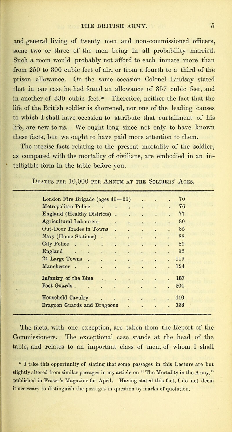 and general living of twenty men and non-commissioned officers, some two or three of the men being in all probability married. Such a room would probably not afford to each inmate more than from 250 to 300 cubic feet of air, or from a fourth to a third of the prison allowance. On the same occasion Colonel Lindsay stated that in one case he had found an allowance of 357 cubic feet, and in another of 330 cubic feet.* Therefore, neither the fact that the life of the British soldier is shortened, nor one of the leading causes to which I shall have occasion to attribute that curtailment of his life, are new to us. We ought long since not only to have known these facts, but we ought to have paid more attention to them. The precise facts relating to the present mortality of the soldier, as compared with the mortality of civilians, are embodied in an in- telligible form in the table before you. Deaths per 10,000 per Annum at the Soldiers' Ages. London Fire Brigade (ages 40—60) . 70 Metropolitan Police .... . 76 England (Healthy Districts) . . 77 Agricultural Labourers . 80 Out-Door Trades in Towns . . 85 Navy (Home Stations) .... . 88 City Police . 89 England ...... . 92 24 Large Towns ..... . 119 Manchester ...... . 124 Infantry of the Line ... . 187 Foot Guards , . 204 Household Cavalry .... . 110 Dragoon Guards and Dragoons . 133 The facts, with one exception, are taken from the Eeport of the Commissioners. The exceptional case stands at the head of the table, and relates to an important class of men, of whom I shall * I take this opportunity of stating that some passages in this Lecture are but slightly altered from similar passages in my article on  The Mortality in the Army, published in Fraser's Magazine for April. Having stated this fact, I do not deem it necessary to distinguish the passages in question by marks of quotation.