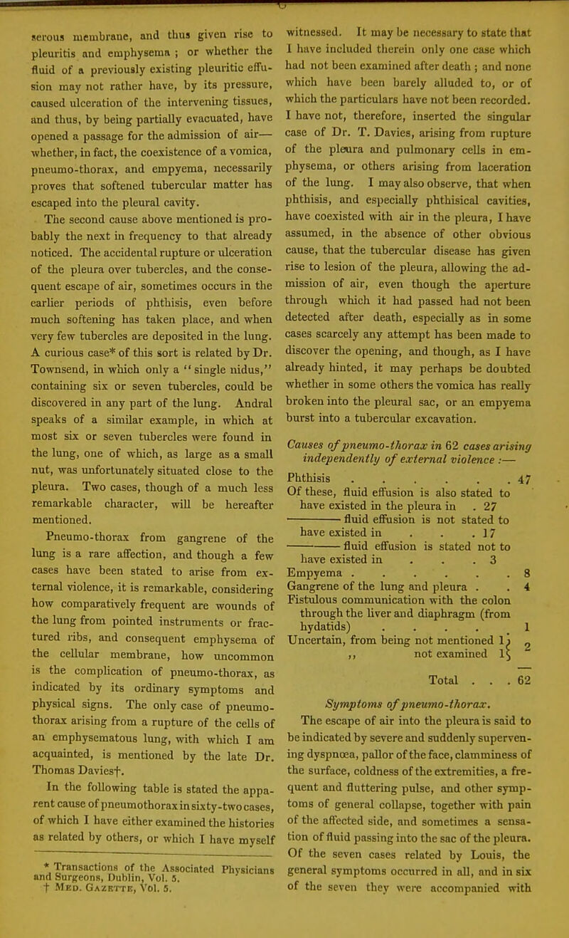 serous membrane, and thus given rise to pleuritis and emphysema ; or whether the fluid of a previously existing pleuritic effu- sion may not rather have, by its pressure, caused ulceration of the intervening tissues, and thus, by being partially evacuated, have opened a passage for the admission of air— whether, in fact, the coexistence of a vomica, pneumo-thoras, and empyema, necessarily proves that softened tubercular matter has escaped into the pleural cavity. The second cause above mentioned is pro- bably the next in frequency to that already noticed. The accidental rupture or ulceration of the pleura over tubercles, and the conse- quent escape of air, sometimes occurs in the earlier periods of phthisis, even before much softening has taken place, and when very few tubercles are deposited in the lung. A curious case* of this sort is related by Dr. Townsend, in which only a  single iiidus, containing six or seven tubercles, could be discovered in any part of the lung. Andral speaks of a similar example, in which at most six or seven tubercles were found in the lung, one of which, as large as a small nut, was unfortunately situated close to the pleura. Two cases, though of a much less remarkable character, will be hereafter mentioned. Pneumo-thorax from gangrene of the lung is a rare affection, and though a few cases have been stated to arise from ex- ternal violence, it is remarkable, considering how comparatively frequent are wounds of the lung from pointed instruments or frac- tured ribs, and consequent emphysema of the cellular membrane, how uncommon is the complication of pneumo-thorax, as indicated by its orduiary symptoms and physical signs. The only case of pneumo- thorax arising from a rupture of the cells of an emphysematous lung, with which I am acquainted, is mentioned by the late Dr. Thomas Daviesf. In the following table is stated the appa- rent cause of pneumothoraxinsixty-twocases, of which I have either examined the histories as related by others, or which I have myself witnessed. It may be necessary to state that 1 have included therein only one case which had not been examined after death ; and none which have been barely alluded to, or of which the particulars have not been recorded. I have not, therefore, inserted the singular case of Dr. T. Davies, arising from rupture of the ple«ra and pulmonary cells in em- physema, or others arising from laceration of the lung. I may also observe, that when phthisis, and especially phthisical cavities, have coexisted with air in the pleura, I have assumed, in the absence of other obvious cause, that the tubercular disease has given rise to lesion of the pleura, allowing the ad- mission of air, even though the aperture through which it had passed had not been detected after death, especially as in some cases scarcely any attempt has been made to discover the opening, and though, as I have already hinted, it may perhaps be doubted whether in some others the vomica has really broken into the pleural sac, or an empyema burst into a tubercular excavation. Causes of pneumo-thorax in 62 cases arising independently of external violence :— Phthisis 47 Of these, fluid effusion is also stated to have existed in the pleura in . 27 fluid effusion is not stated to have existed in . . .17 fluid effusion is stated not to have existed in . . .3 Empyema ...... 8 Gangrene of the lung and pleura . . 4 Fistulous communication with the colon through the liver and diaphragm (from hydatids) . . . . _ 1 Uncertain, from being not mentioned Ij ^ ,, not examined Is Total . 62 * Transactions of the Associated Physicians and Surgeons, Dublin, Vol. S. t Med. Gazktte, Vol. 5. Symptoms of pneumo-thorax. The escape of air into the pleura is said to be indicated by severe and suddenly superven- ing dyspnoea, pallor of the face, clamminess of the surface, coldness of the extremities, a fre- quent and fluttering pulse, and other symp- toms of general collapse, together with pain of the affected side, and sometimes a sensa- tion of fluid passing into the sac of the pleura. Of the seven cases related by Louis, the general symptoms occurred in all, and in six of the seven they were accompanied with