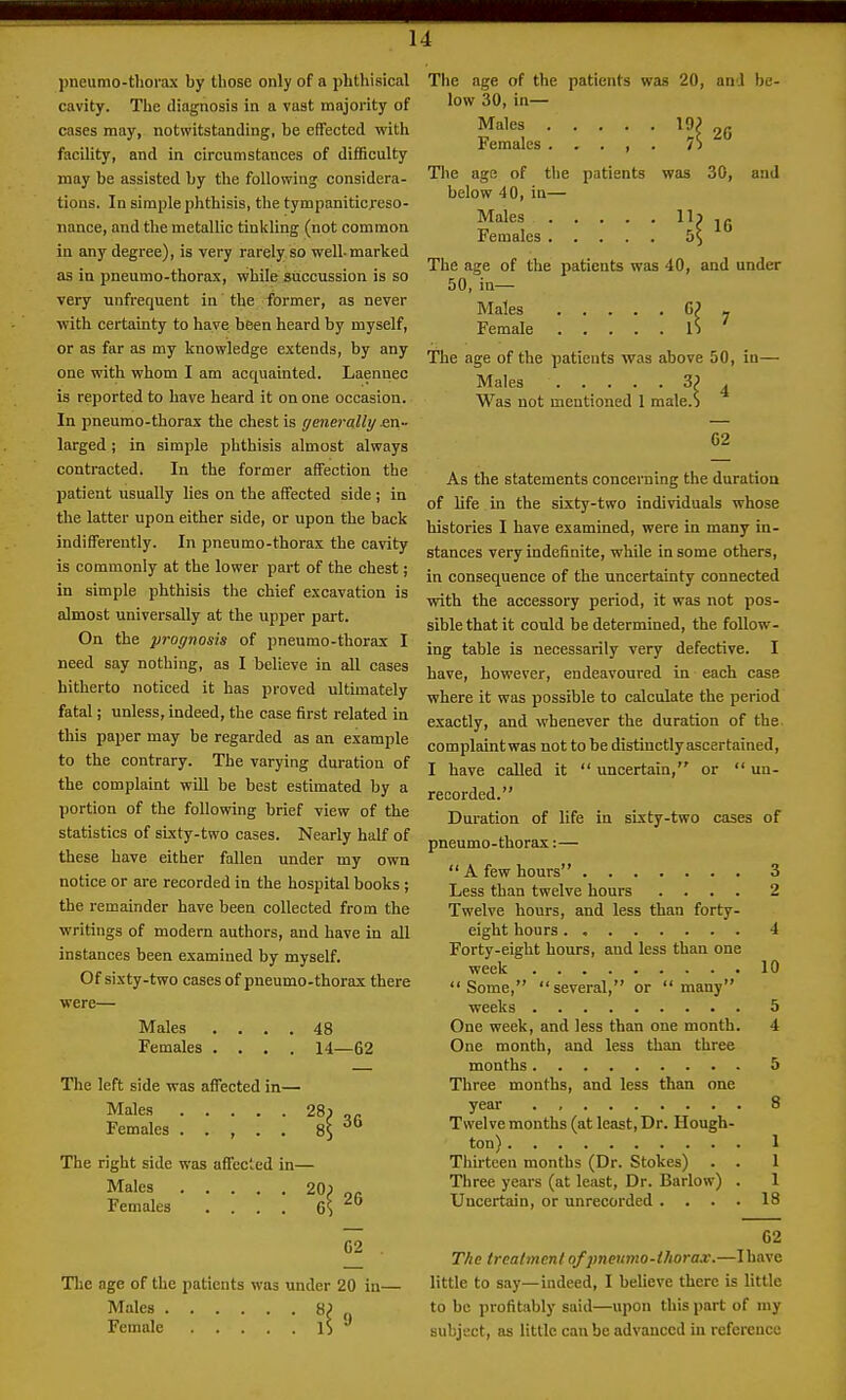 pneumo-thorax by those only of a phthisical cavity. The diagnosis in a vast majority of cases may, notwitstanding, be effected with facility, and in circumstances of difficulty may be assisted by the following considera- tions. In simple phthisis, the tympaniticreso- nance, and the metallic tinkling (not common in any degree), is very rarely so well-marked as in pneumo-thorax, while succussion is so very unfrequent in the former, as never with certainty to have been heard by myself, or as far as my knowledge extends, by any one with whom I am acquainted. Laennec is reported to have heard it on one occasion. In pneumo-thorax the chest is generally -en- larged ; in simple phthisis almost always contracted. In the former affection the Ijatient usually lies on the affected side; in the latter upon either side, or upon the back indifferently. In pneumo-thorax the cavity is commonly at the lower part of the chest; in simple phthisis the chief excavation is almost universally at the upper part. On the prognosis of pneumo-thorax I need say nothing, as I believe in all cases hitherto noticed it has proved ultimately fatal; unless, indeed, the case first related in this paper may be regarded as an example to the contrary. The varying duration of the complaint will be best estimated by a portion of the following brief view of the statistics of sixty-two cases. Nearly half of these have either fallen under my own notice or are recorded in the hospital books ; the remainder have been collected from the writings of modern authors, and have in all instances been examined by myself. Of sixty-two cases of pneumo-thorax there were— Males .... 48 Females .... 14—62 The left side was affected in- Males 28 Females . . , . . 8 The right side was affected in- Males 20 Females .... 36 I 26 02 Tlie age of the patients was under 20 in- Malcs 8P Female .... The age of the patients was 20, and be- low 30, in— Males 26 Females . . . , . 7) The age of the patients was 30, and below 40, in— Males 16 Females 5$ The age of the patients was 40, and under 50, in— Males 6? y Female n The age of the patients was above 50, in— Males H 4. Was not mentioned 1 male.) 62 As the statements concerning the duration of life in the sixty-two individuals whose histories I have examined, were in many in- stances very indefinite, while in some others, in consequence of the uncertainty connected with the accessory period, it was not pos- sible that it could be determined, the follow- ing table is necessarily very defective. I have, however, endeavoured in each case where it was possible to calculate the period exactly, and whenever the duration of the complaintwas not to be distinctly ascertained, I have called it  uncertain, or  un- recorded. Duration of life in sixty-two cases of pneumo-thorax:—  A few hours 3 Less than twelve hours .... 2 Twelve hours, and less than forty- eight hours. 4 Forty-eight hours, and less than one week 10 Some, several, or many weeks 5 One week, and less than one month. 4 One month, and less than three months 5 Three months, and less than one year . , 8 Twelve months (at least. Dr. Hough- ton) 1 Thirteen months (Dr. Stokes) . . 1 Three years (at least. Dr. Barlow) . 1 Uncertain, or unrecorded .... 18 62 The treatment of pneumo-thorax.—I have little to say—indeed, I believe there is Uttle to be profitably said—upon this part of my subject, as little can be advanced in reference