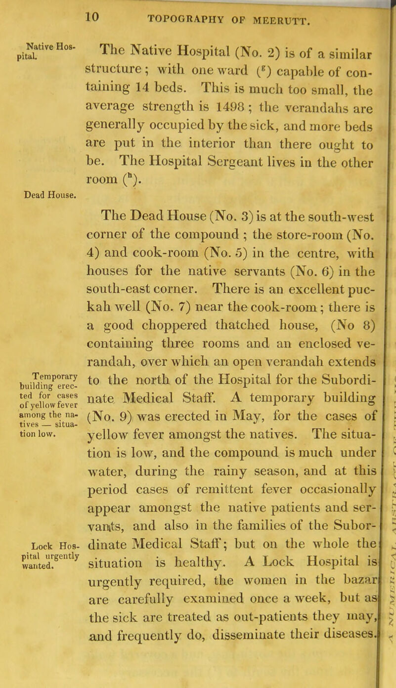 Native Hos- pital Dead House. Temporary building erec- ted for cases of yellow fever among the na- tives — situa- tion lovv. Lock Hos- pital urgently wanted. The Native Hospital (No. 2) is of a similar structure ; with one ward (^) capable of con- taining 14 beds. This is much too small, the average strength is 1498 ; the verandahs are generally occupied by the sick, and more beds are put in the interior than there ought to be. The Hospital Sergeant lives in the other room (*‘). The Dead House (No. 3) is at the south-west corner of the compound ; the store-room (No. 4) and cook-room (No. 5) in the centre, with houses for the native servants (No. 6) in the south-east corner. There is an excellent puc- kah well (No. 7) near the cook-room; there is a good choppered thatched house, (No 8) containing three rooms and an enclosed ve- randah, over which an open verandah extends to the north of the Hospital for the Subordi- nate Medical Staff. A temporary building (No. 9) was erected in May, for the cases of yellow fever amongst the natives. The situa- tion is low, and the compound is much under water, during the rainy season, and at this period cases of remittent fever occasionally appear amongst the native patients and ser- vants, and also in the families of the Subor- dinate Medical Staff; but on the whole the situation is healthy. A Lock Hospital is urgently required, the women in the bazar are carefully examined once a week, but as the sick are treated as out-patients they may, and frequently do, disseminate their diseases. N T IVTICTl T