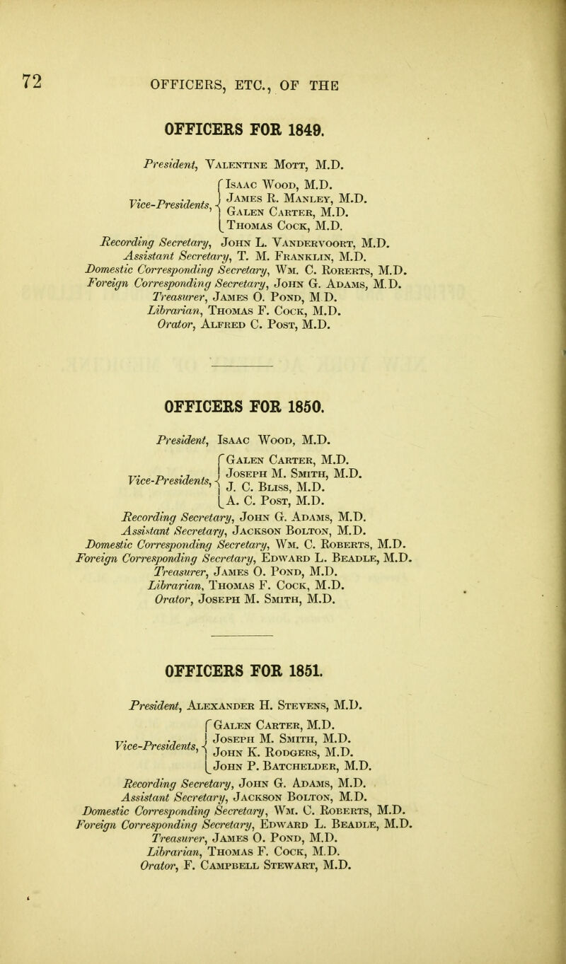 OFFICERS FOR 1849. President, Valentine Mott, M.D. f Isaac Wood, M.D. Vice-Presidents \ '^^^^^ ^' ^^^ley, M.D. ytce rresiaents,^ ^^^^^ Carter, M.D. [ Thomas Cock, M.D. Recording Secretary, John L. Vandervoort, M.D. Assistant Secretary, T. M. Franklin, M.D. Domestic Corresponding Secretary^ Wm, C. Rorerts, M.D. Foreign Corresponding Secretary, John G. Adams, M.D. Treasurer, James 0. Pond, M D. Librarian, Thomas F. Cock, M.D. Orator, Alfred C. Post, M.D. OFFICERS FOR 1850. President, Isaac Wood, M.D. r Galen Carter, M.D. „ -J ^ ) Joseph M. Smith, M.D. Vice.Prestdenis,^^ j ^^^^^^ ^ p ' l^A. C. Post, M.D. Recording Secretary, John G. Adams, M.D. Assistant Secretary, Jackson Bolton, M.D. Domestic Corresponding Secretary, Wm. C. Roberts, M.D. Foreign Corresponding Secretary, Edward L. Beadle, M.D. Treasurer, James 0. Pond, M.D. Librarian, Thomas F. Cock, M.D. Orator, Joseph M. Smith, M.D. OFFICERS FOR 1851. President, Alexander H. Stevens, M.D. f Galen Carter, M.D. T^. r, -7 ^ ! Joseph M. Smith, M.D. Vice-Presidents,^ John K. Rodgers, M.D. John P. Batchelder, M.D. Recording Secretary, John G. Adams, M.D. Assistant Secretary, Jackson Bolton, M.D. Domestic Corresponding Secretary, Wm. C. Roberts, M.D. Foreign Corresponding Secretary, Edward L. Beadle, M.D. Treasurer, James 0. Pond, M.D. Librarian, Thomas F. Cock, M.D. Orator, F. Campbell Stewart, M.D.