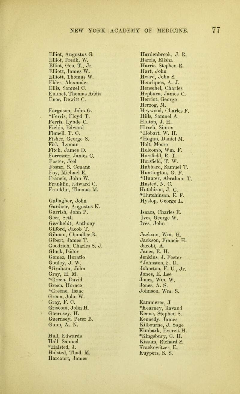 Elliot, Augustus G. Elliot, Fredk. W. Elliot, Geo. T., Jr. Elliott, James W. Elliott, Thomas W. Elder, Alexander Ellis, Samuel C. Emmet, Thomas Addis Enos, Dewitt C. Ferguson, John G. *Ferris, Floyd T. Ferris, Lynde C. Fields, Edward Finnell, T. C. Fisher, George S. Fisk, Lyman Fitch, James D. Forrester, James C. Foster, Joel Foster, S. Conant Foy, Michael E. Francis, John W. Franklin, Edward C. Franklin, Thomas M. Gallagher, John Gardner, Augustus K. Garrish, John P. Geer, Seth Gescheidt, Anthony Gilford, Jacob T. Gilman, Chandler E. Gibert, James T. Goodrich, Charles S. J. Gliick, Isidor Gomez, Horatio Gouley, J, W. ■^Graham, John Gray, H. M. * Green, David Green, Horace * Greene, Isaac Green, John W. Gray, F. C. Griscom, John H. Guernsey, H. Guernsey, Peter B. Gunn, A. N. Hall, Edwards Hall, Samuel *Halsted, J. Halsted, Thad. M. Harcourt, James Hardenbrook, J. E. Harris, Elisha Harris, Stephen E. Hart, John Heard, John S. Henriques, A. J. Henschel, Charles Hepburn, James C. Herriot, George Herzog, M. Heywood, Charles F. Hills, Samuel A. Hinton, J, H. Hirsch, Simon *Hobart, W, H. *Hogan, Daniel M. Hoit, Moore Holcomb, Wm. F. Horsfield, E. T. Horsfield, T. W. Hubbard, Samuel T. Huntington, G. F. *Hunter, Abraham T. Husted, N. C. Hutchison, J. C. ^Hutchinson, E. F. Hyslop, George L. Isaacs, Charles E. Ives, George W. Ives, John Jackson, Wm. H. Jackson, Francis H. Jacobi, A. Janes, E. H. Jenkins, J. Foster ^Johnston, F. U. Johnston, F. U., Jr. Jones, E. Lee Jones, Wm, W. Jones, A. S. Johnson, Wm. S. Kammerer, J. *Kearney, Eavaud Keene, Stephen S. Kennedy, James Kilbourne, J. Sage Kimbark, Everett H. ♦Kingsbury, G. H. Kissam, Eichard S. Krackowitzer, E. Kuypers, S. S.