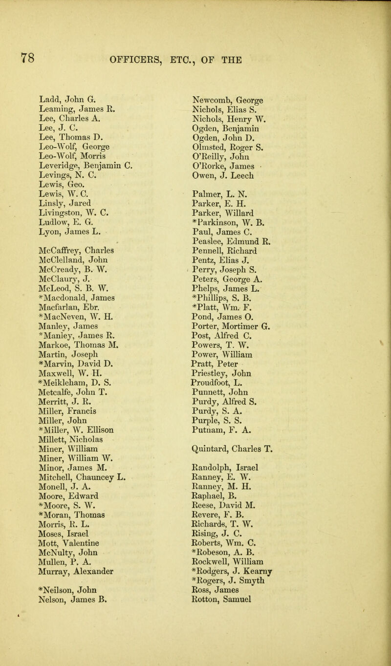 Ladd, John G. Learning, James R. Lee, Charles A. Lee, J. C. Lee, Thomas D. Leo-Wolf, George Leo-Wolf, Morris Leveridge, Benjamin C. Levings, N. C. Lewis, Geo. Lewis, W. C. Linsly, Jared Livingston, W. C. Ludlow, E. G. Lyon, James L. McCaffrey, Charles McClelland, John McCready, B. W. McClanry, J. McLeod, S. B. W. *Macdonald, James Macfarlan, Ebr. *MacNeven, W. H. Manley, James *Manley, James R. Markoe, Thomas M. Martin, Joseph *Marvin, David D. Maxwell, W. H. *Meikleham, D. S. Metcalfe, John T. Merritt, J. R. Miller, Francis Miller, John *Miller, W. EUison Millett, Nicholas Miner, William Miner, William W. Minor, James M. Mitchell, Chauncey L. Monell, J. A. Moore, Edward *Moore, S. W. *Moran, Thomas Morris, R. L. Moses, Israel Mott, Valentine McNulty, John Mullen, P, A. Murray, Alexander *Neilson, John Nelson, James B. Newcomb, George Nichols, Elias S. Nichols, Henry W. Ogden, Benjamin Ogden, John D. Olmsted, Roger S. O'Reilly, John O'Rorke, James ■ Owen, J. Leech Palmer, L. N. Parker, E. H. Parker, Willard * Parkinson, W. B. Paul, James C. Peaslee, Edmund R. Pennell, Richard Pentz, Elias J. Perry, Joseph S. Peters, George A. Phelps, James L. *Phillips, S. B. *Platt, Wm. F. Pond, James 0. Porter, Mortimer G. Post, Alfred C. Powers, T. W. Power, William Pratt, Peter Priestley, John Proudfoot, L. Punnett, John Purdy, Alfred S. Purdy, S. A. Purple, S. S. Putnam, F. A. Quintard, Charles T. Randolph, Israel Ranney, E. W. Ranney, M. H. Raphael, B. Reese, David M. Revere, F. B. Richard«, T. W. Rising, J. C. Roberts, Wm. C. *Robeson, A. B. Rockwell, William * Rodger s, J. Kearny * Rogers, J. Smyth Ross, James Rotton, Samuel