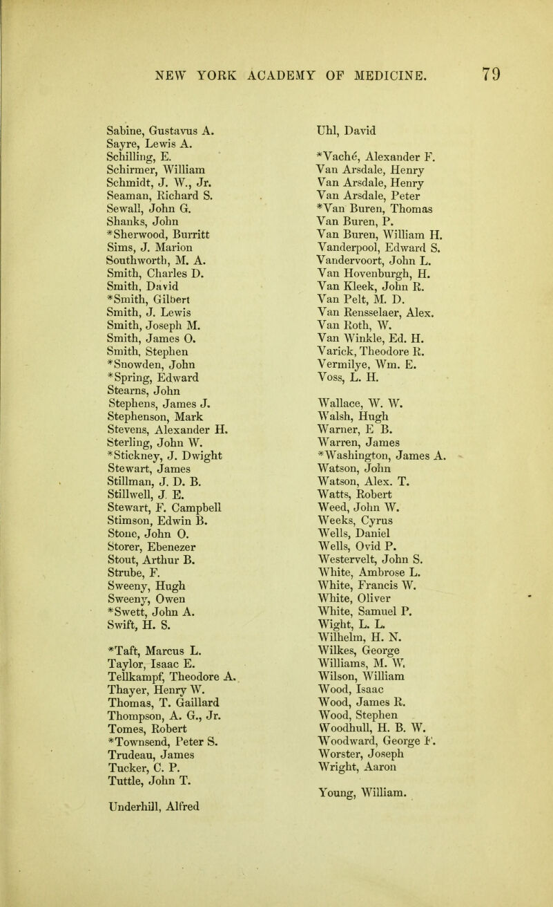 Sabine, Gustavus A. Say re, Lewis A. Schilling, E. Schirmer, William Schmidt, J. W., Jr. Seaman, Richard S. Sewall, John G. Shanks, John * Sherwood, Burritt Sims, J. Marion Southwortb, M. A. Smith, Charles D. Smith, David *Smith, Gilbert Smith, J. Lewis Smith, Joseph M. Smith, James 0. Smith, Stephen *Snowden, John * Spring, Edward Stearns, John Stephens, James J. Stephenson, Mark Stevens, Alexander H. Sterling, John W. *Stickney, J. Dwight Stewart, James Stillman, J. D. B. Stillwell, J. E. Stewart, F. Campbell Stimson, Edwin B. Stone, John 0. Storer, Ebenezer Stout, Arthur B. Strube, F. Sweeny, Hugh Sweeny, Owen *Swett, John A. Swift, H. S. *Taft, Marcus L. Taylor, Isaac E. Tellkampf, Theodore A. Thayer, Henry W. Thomas, T. Gaillard Thompson, A. G., Jr. Tomes, Robert *Townsend, Peter S. Trudeau, James Tucker, C. P. Tuttle, John T. Underbill, Alfred Uhl, David *Vache, Alexander F. Van Arsdale, Henry Van Arsdale, Henry Van Arsdale, Peter *Van Buren, Thomas Van Buren, P. Van Buren, William H. Vanderpool, Edward S. Vandervoort, John L. Van Hovenburgh, H. Van Kleek, John R. Van Pelt, M. D. Van Rensselaer, Alex. Van Roth, W. Van Winkle, Ed. H. Varick, Theodore R. Vermilye, Wm. E. Voss, L. H. Wallace, W. W. Walsh, Hugh Warner, E B. Warren, James '^Washington, James A. Watson, John Watson, Alex. T. Watts, Robert Weed, John W. Weeks, Cyrus Wells, Daniel Wells, Ovid P. Westervelt, John S. White, Ambrose L. White, Francis W. White, Oliver White, Samuel P. Wight, L. L. Wilhelm, H. N. Wilkes, George Williams, M. W. Wilson, William Wood, Isaac Wood, James R. W^ood, Stephen WoodhuU, H. B. W. Woodward, George i'. Worster, Joseph Wright, Aaron Young, William.