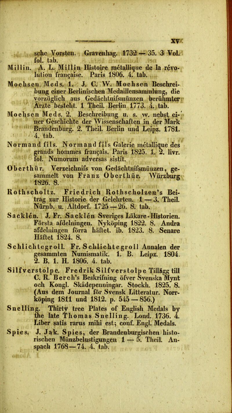 sclic Vorsten. Gi?aveiihag. 173^-r^ 35. 3 Vol. fol. tab. , ',:f;;5nAm Milliii. L. Mitlin Histoire raetallique de la revo- lution fran^aise. Paris 1806. 4. tab. Moehsen Meds. 1. J. C. W. Mochsen Beschrei- bung einer Berlinischen Bledailiensamralung, die vorziiglich aus Gedachtnifsmiinzcn beruhmter Arzte besteht. 1 Theil. Berlin 1773. 4 tab. Moehsen Meds. 2. Beschreibung u. s. w. nebst ei- ner Geschichte der Wissenschaften in der Mark Brandenburg. 2. Theil. Berlin und Leipz. 1781. 4. tab. N 0 r m a n d f i 1 s. N o r m a n d f i I s Galerie metallique des grands hommes frangais. Paris 1825, 1. 2. livr. fol. Numorum adversas sistit. Oberthiir. Verzeichnifs von Gedachtnifsmiinzen, ge- sammelt von Franz Oberthiir. Wiirzburg 1826. 8. Rothscholtz. Friedrich Rothscholzen's Bei- trag zur Historie der Gelehrtcn. 1 — 3. Theil. Niirnb. u. Altdorf. 1725 — 26. 8. tab. S a ek 1 e n. J. Fr. S a ck 1 e n Sveriges Lakare - Historien. Forsta afdelningen. Nykoping 1822. 8. Andra afdclningen forra hiiflet. ib. 1823. 8. Senare Haftet 1824. 8. Schlichtegroll. Fr. Schlichtegroil Annalen der gesammten Numismatik. 1. B. Leipz. 1804, 2. B. 1. H. 1806. 4. tab. Silfverstolpe. Fredrik Silfverstolpe Tillagg till C. R. Berch's Beskrifning ofver Svenska Mynt och Kongl. Skadepenningar. Stockh. 1825. 8. (Aus dem Journal for Svensk Litteratur. Norr- koping 1811 und 1812. p. 545 — 856.) Snelling. Thirty tree Plates of English Medals by flie late Thomas Snelling. Lond. 1736. 4. Liber satis rarus mihi est; conf. Engl. Medals. Spies. J. Jak. Spies, der Brandenburgischen histo- rischen Miinzbelustigungen 1 — 5. Thcil. An-