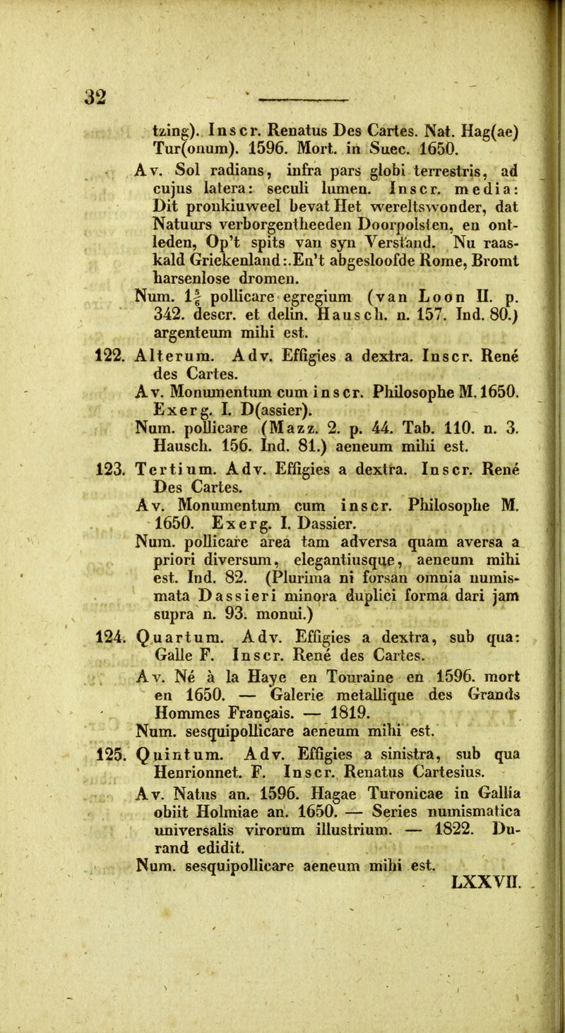 tzing). Inscr. Renatus Des Cartes. Nat. Hag(ae) Tur(onum). 1596. Mort. in Suec. 1650. Av. Sol radians, infra pars globi terrestris, ad cujus latera: seculi lumen. Inscr. media: Dit pronkiuweel bevat Het wereltswonder, dat Natuurs verborgentlieeden Doorpolslen, en ont- leden, Op't spits van syn Verstand. Nu raas- kald Griekenland:.En't abgesloofde Rome, Bromt barsenlose dromen. Num. 1| poUicare egregium (van Loon H. p. 342. descr. et delin. Haus ch. n. 157. Ind. 80.) argenteum mihi est. 122. Alterura. Adv. Effigies a dextra. Inscr. Rene des Cartes. A V. Monumentum cum in s cr. Philosophe M. 1650. Exerg. I. D(assier). Num. poUicare (Mazz. 2. p. U. Tab. 110. n. 3. Hausch. 156. Ind. 81.) aeneum mihi est. 123. Tertium. Adv. Effigies a dextra. Inscr. Rene Des Cartes. Av. Monumentum cum inscr. Philosophe M. 1650. Exerg. I. Dassier. Num. pollicare area tam adversa quam aversa a priori diversum, elegantiusque, aeneum mihi est. Ind. 82. (Plurima ni forsan omnia numis- mata Dassieri minora duplici forma dari jam supra n. 93. monui.) 124. Quartum. Adv. Effigies a dextra, sub qua: Galle F. Inscr. Rene des Cartes. Av. Ne a la Haye en Touraine en 1596. mort en 1650. — Galerie metallique des Grands Hommes Fran^ais. — 1819. Num. sesquipollicare aeneum mihi est. 125. Quintum. Adv. Effigies a sinistra, sub qua Henrionnet. F. Inscr. Renatus Cartesius. Av. Natus an. 1596. Hagae Turonicae in Gallia obiit Holmiae ari. 1650. — Series numismatica universalis virorum illustrium. — 1822. Du- rand edidit. Num. sesquipollicare aeneum mihi est. LXXVII.