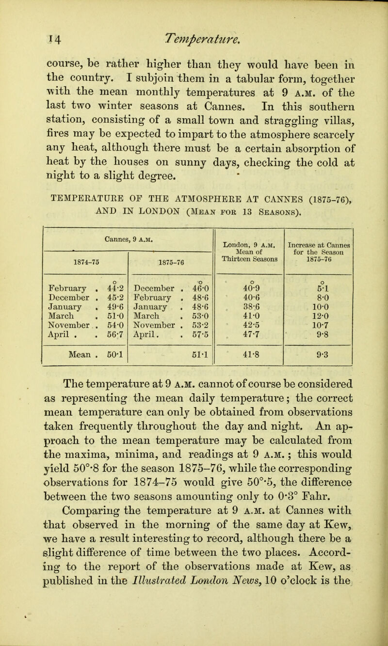 course, be rather higher than they would have been in the country. I subjoin them in a tabular form, together with the mean monthly temperatures at 9 a.m. of the last two winter seasons at Cannes. In this southern station, consisting of a small town and straggling villas, fires may be expected to impart to the atmosphere scarcely any heat, although there must be a certain absorption of heat by the houses on sunny days, checking the cold at night to a slight degree. TEMPERATURE OF THE ATMOSPHERE AT CANNES (1875-76), AND IN LONDON (Mean for 13 Seasons). Cannes , 9 A.M. London, 9 A.M. Increase at Cannes Mean of for the Season 1874-75 1875-76 Thirteen Seasons 1875-76 o o February . 44-2 December . 46-0 40°9 5-1 December . 45-2 February . 48-6 40-6 8-0 January- 49-6 January 48-6 38-6 10-0 March 51-0 March 53-0 41-0 12-0 November . 54-0 November . 53-2 42-5 10-7 April . 56-7 April. 57-5 47-7 9-8 Mean . 50-1 51-1 41-8 9-3 The temperature at 9 a.m. cannot of course be considered as representing the mean daily temperature; the correct mean temperature can only be obtained from observations taken frequently throughout the day and night. An ap- proach to the mean temperature may be calculated from the maxima, minima, and readings at 9 a.m. ; this would yield 50°*8 for the season 1875-76, while the corresponding observations for 1874-75 would give 50°*5, the difference between the two seasons amounting only to 0*3° Fahr. Comparing the temperature at 9 a.m. at Cannes with that observed in the morning of the same day at Kew, we have a result interesting to record, although there be a slight difference of time between the two places. Accord- ing to the report of the observations made at Kew, as published in the Illustrated London News, 10 o'clock is the