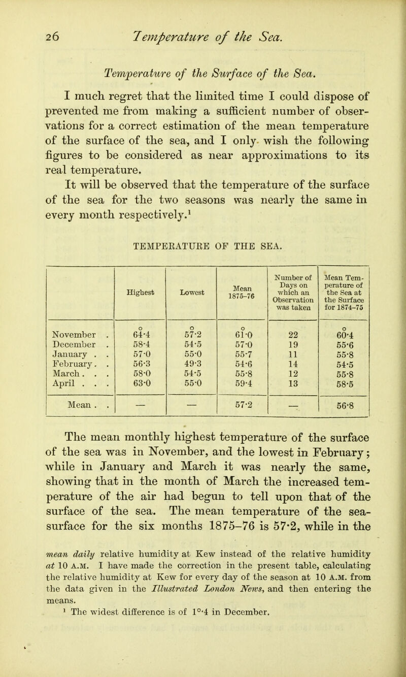 Temperature of the Surface of the Sea. I much regret that the limited time I could dispose of prevented me from making a sufficient number of obser- vations for a correct estimation of the mean temperature of the surface of the sea, and I only- wish the following figures to be considered as near approximations to its real temperature. It will be observed that the temperature of the surface of the sea for the two seasons was nearly the same in every month respectively.1 TEMPERATURE OF THE SEA. Highest Lowest Mean 1875-76 Number of Days on which an Observation was taken Mean Tem- perature of the Sea at the Surface for 1874-75 o o November . 64-4 57-2 61-0 22 60-4 December . 58-4 54-5 57-0 19 55-6 January . . 57-0 55-0 55-7 11 55-8 February. . 56-3 49-3 54-6 14 54-5 March. . . 58-0 54-5 55-8 12 55-8 April . . . 63-0 55-0 59-4 13 58-5 Mean . . 57-2 56-8 The mean monthly highest temperature of the surface of the sea was in November, and the lowest in February; while in January and March it was nearly the same, showing that in the month of March the increased tem- perature of the air had begun to tell upon that of the surface of the sea. The mean temperature of the sea- surface for the six months 1875-76 is 57*2, while in the mean daily relative humidity at Kew instead of the relative humidity at 10 A.M. I have made the correction in the present table, calculating the relative humidity at Kew for every day of the season at 10 A.M. from the data given in the Illustrated London News, and then entering the means. 1 The widest difference is of 10,4 in December.