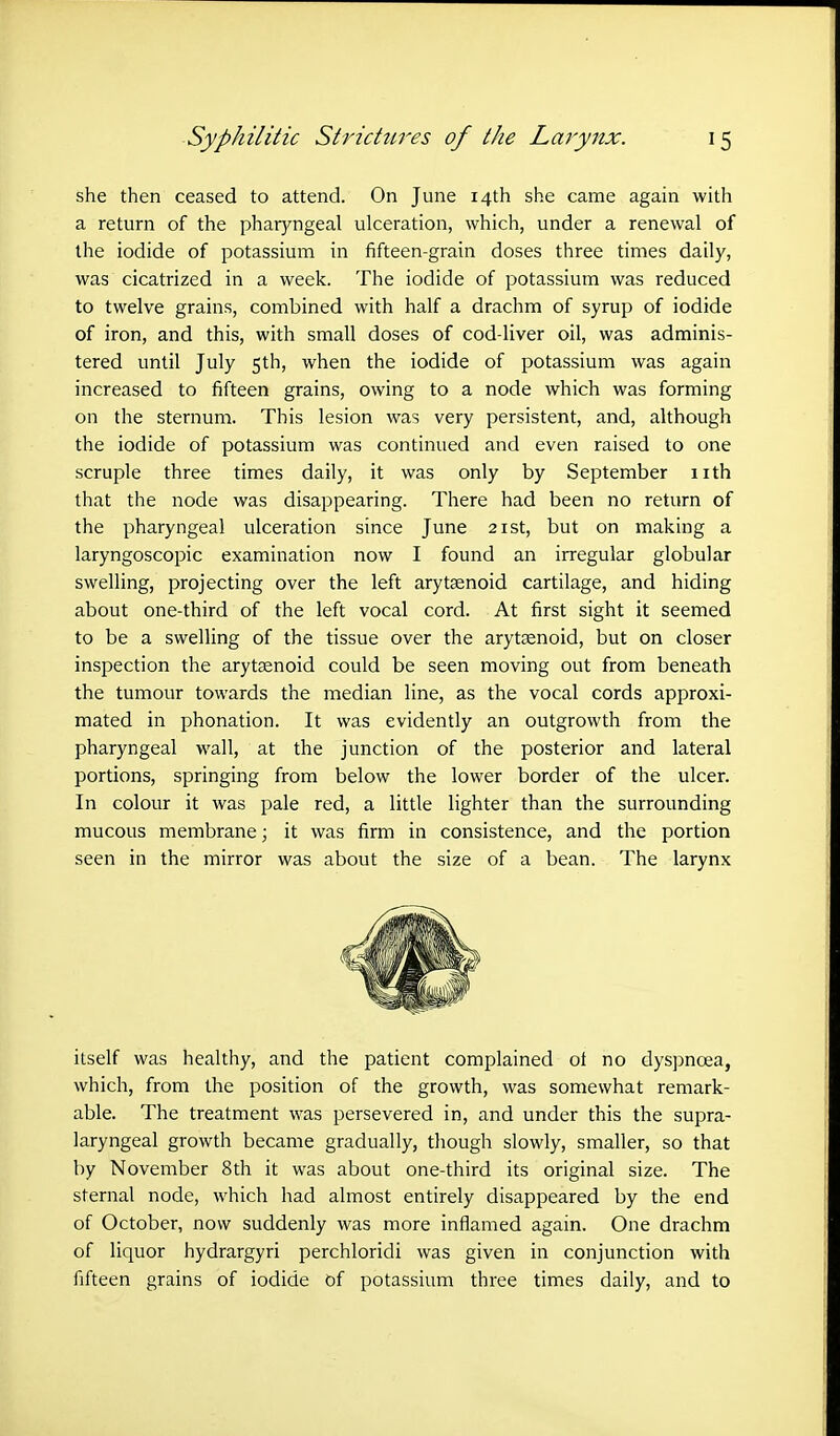 she then ceased to attend. On June 14th she came again with a return of the pharyngeal ulceration, which, under a renewal of the iodide of potassium in fifteen-grain doses three times daily, was cicatrized in a week. The iodide of potassium was reduced to twelve grains, combined with half a drachm of syrup of iodide of iron, and this, with small doses of cod-liver oil, was adminis- tered until July 5th, when the iodide of potassium was again increased to fifteen grains, owing to a node which was forming on the sternum. This lesion was very persistent, and, although the iodide of potassium was continued and even raised to one scruple three times daily, it was only by September nth that the node was disappearing. There had been no return of the pharyngeal ulceration since June 21st, but on making a laryngoscopic examination now I found an irregular globular swelling, projecting over the left arytsenoid cartilage, and hiding about one-third of the left vocal cord. At first sight it seemed to be a swelling of the tissue over the arytsenoid, but on closer inspection the arytsenoid could be seen moving out from beneath the tumour towards the median line, as the vocal cords approxi- mated in phonation. It was evidently an outgrowth from the pharyngeal wall, at the junction of the posterior and lateral portions, springing from below the lower border of the ulcer. In colour it was pale red, a little lighter than the surrounding mucous membrane; it was firm in consistence, and the portion seen in the mirror was about the size of a bean. The larynx itself was healthy, and the patient complained ot no dyspncea, which, from the position of the growth, was somewhat remark- able. The treatment was persevered in, and under this the supra- laryngeal growth became gradually, though slowly, smaller, so that by November 8th it was about one-third its original size. The sternal node, which had almost entirely disappeared by the end of October, now suddenly was more inflamed again. One drachm of liquor hydrargyri perchloridi was given in conjunction with fifteen grains of iodide of potassium three times daily, and to
