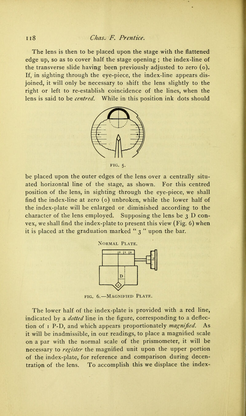 The lens is then to be placed upon the stage with the flattened edge up, so as to cover half the stage opening ; the index-line of the transverse slide having been previously adjusted to zero (o). If, in sighting through the eye-piece, the index-line appears dis- joined, it will only be necessary to shift the lens slightly to the right or left to re-establish coincidence of the lines, when the lens is said to be centred. While in this position ink dots should FIG. 5. be placed upon the outer edges of the lens over a centrally situ- ated horizontal line of the stage, as shown. For this centred position of the lens, in sighting through the eye-piece, we shall find the index-line at zero (o) unbroken, while the lower half of the index-plate will be enlarged or diminished according to the character of the lens employed. Supposing the lens be 3 D con- vex, we shall find the index-plate to present this view (Fig. 6) when it is placed at the graduation marked  3  upon the bar. Normal Plate. 0 I' Is fig. 6.—Magnified Plate. The lower half of the index-plate is provided with a red line, indicated by a dotted line in the figure, corresponding to a deflec- tion of 1 P-D, and which appears proportionately magnified. As it will be inadmissible, in our readings, to place a magnified scale on a par with the normal scale of the prismometer, it will be necessary to register the magnified unit upon the upper portion of the index-plate, for reference and comparison during decen- tration of the lens. To accomplish this we displace the index-