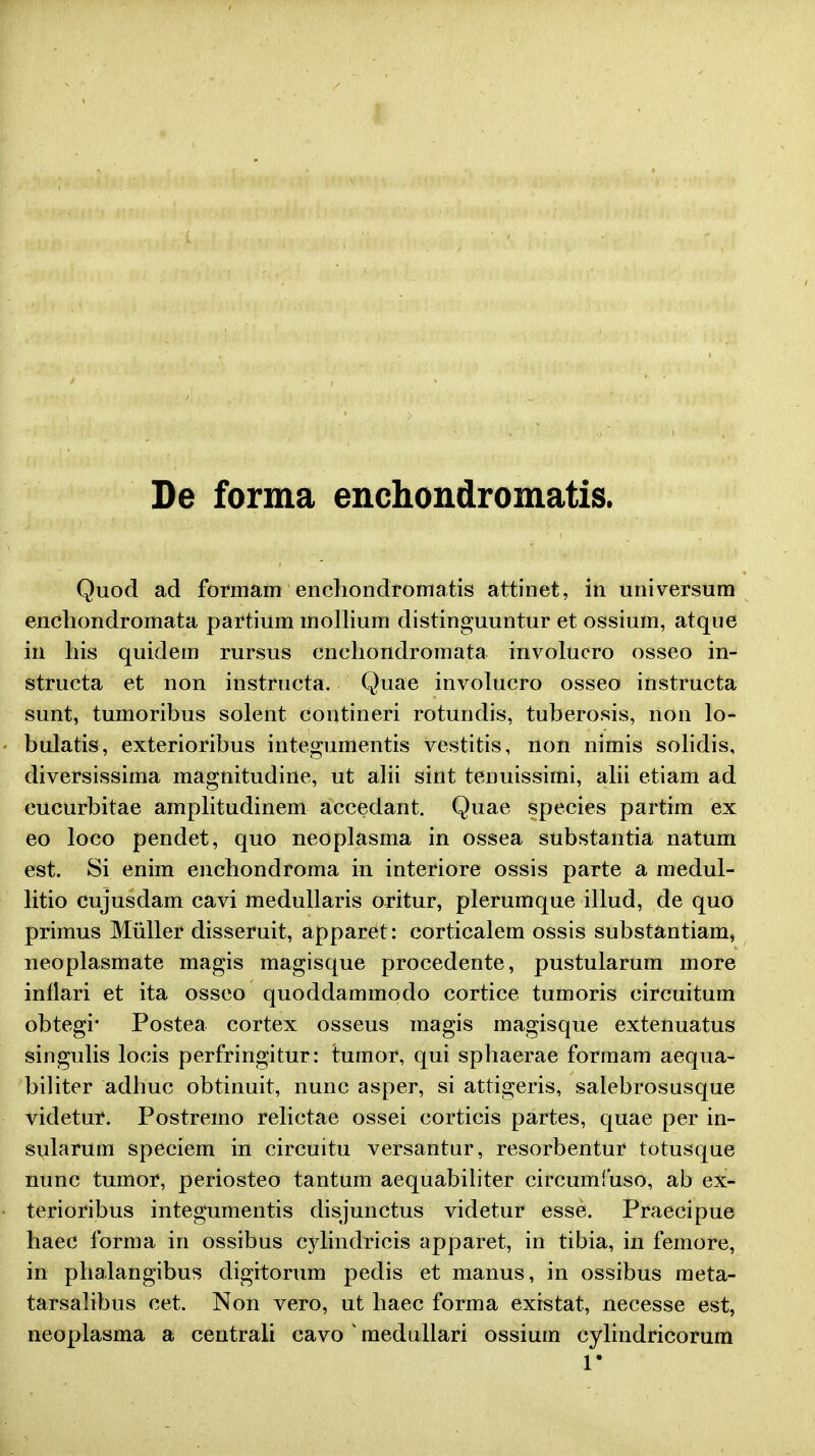 De forma enchondromatis. Quod ad formam enchondromatis attinet, in universum enchondromata partium mollium distinguuntur et ossium, atque in his quidem rursus cnehondromata involucro osseo in- structa et non instructa. Quae involucro osseo instructa sunt, tumoribus solent contineri rotundis, tuberosis, non lo- bulatis, exterioribus integumentis vestitis, non nimis solidis, diversissima magnitudine, ut alii sint tenuissimi, alii etiam ad cucurbitae amplitudinem accedant. Quae species partim ex eo loco pendet, quo neoplasma in ossea substantia natum est. Si enim enchondroma in interiore ossis parte a medul- litio cujusdam cavi medullaris oritur, plerumque illud, de quo primus Miiller disseruit, apparet : corticalem ossis substantiam, neoplasmate magis magisque procedente, pustularum more inflari et ita osseo quoddammodo cortice tumoris circuitum obtegi* Postea cortex osseus magis magisque extenuatus singulis locis perfringitur: tumor, qui sphaerae formam aequa- biliter adhuc obtinuit, nunc asper, si attigeris, salebrosusque videtur. Postremo relictae ossei corticis partes, quae per in- sularum speciem in circuitu versantur, resorbentur totusque nunc tumor, periosteo tantum aequabiliter circumluso, ab ex- terioribus integumentis disjunctus videtur esse. Praecipue haec forma in ossibus cylindricis apparet, in tibia, in femore, in phalangibus digitorum pedis et manus, in ossibus meta- tarsalibus cet. Non vero, ut haec forma existat, necesse est, neoplasma a centrali cavo H medullari ossium cylindricorum V