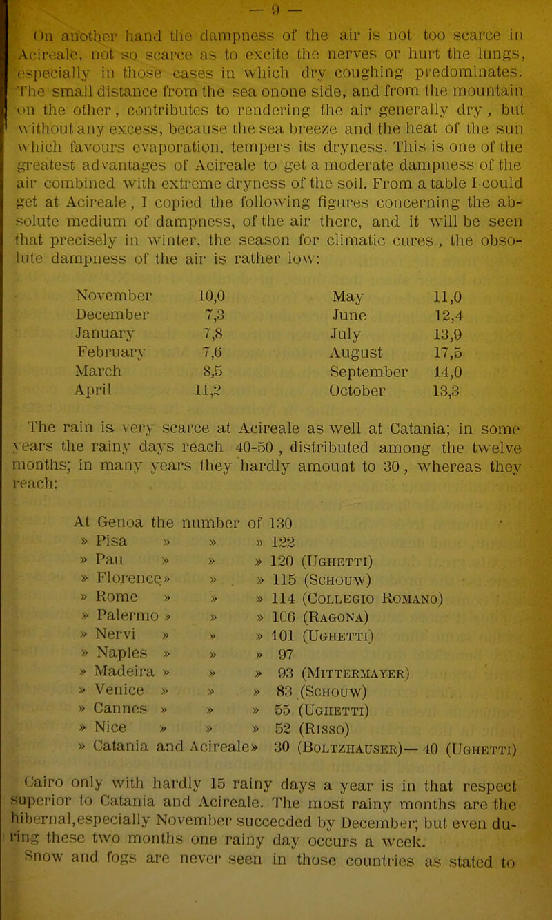 Aeireale, not so scarce as to excite tlie nerves or hurt the lungs, especially in those cases in which dry coughing predominates. I'he small distance from the sea onone side, and from the mountain <in the other, contributes to rendering the air generally dry, but without any excess, because the sea breeze and the heat of the sun which favours evaporation, tempers its dryness. This is one of the greatest advantages of Acireale to get a moderate dampness of the air combined witli extreme dryness of tlie soil. From a table I could get at Acireale, I copied the following figures concerning the ab- solute medium of dampness, of the air there, and it will be seen that precisely in winter, the season for climatic cures , the obso- iiito dampness of the air is rather low: November December January February March April 10,0 7,3 7,8 7,6 8,5 11,2 May June July August September October 11,0 12,4 13,9 17,5 14,0 13,3 The rain is very scarce at Acireale as well at Catania; in some years the rainy days reach 40-50 , distributed among the twelve months; in many years they hardly amount to 30, whereas they reach: At Genoa the number of 130 » Pisa » » Pan » » Florence» » Rome » » Palermo •> » Nervi » » Naples » » Madeira » » Venice » » Cannes » » Nice >? » » » 122 » 120 (Ughetti) » 115 (SCHOUW) » 114 (CoLLEGio Romano) » 106 (Ragona) » 101 (Ughetti) » 97 » 93 (Mittermayer) » 83 (ScHOUw) » 55 (Ugpietti) » 52 (Risso) » Catania and Acireale» 30 (Boltzhauser)— 40 (Ughetti) Cairo only with hardly 15 rainy days a year is in that respect superior to Catania and Acireale. The most rainy months are the hibernal,especially November succeeded by December; but even du- ring these two months one rainy day occurs a week. ^now and fogs are never seen in those countries as stated to