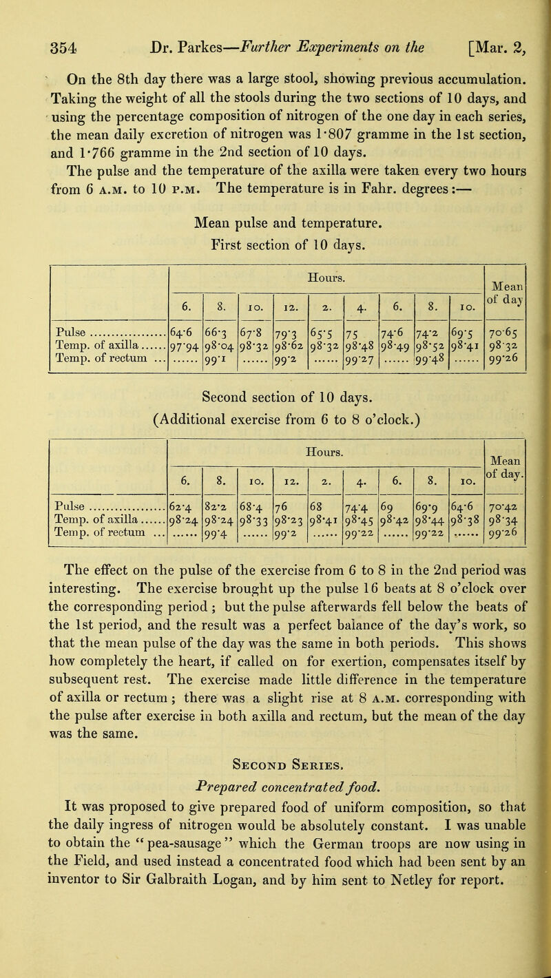 On the 8th day there was a large stool, showing previous accumulation. Taking the weight of all the stools during the two sections of 10 days, and using the percentage composition of nitrogen of the one day in each series, the mean daily excretion of nitrogen was 1-807 gramme in the 1st section, and 1'766 gramme in the 2nd section of 10 days. The pulse and the temperature of the axilla were taken every two hours from 6 A.M. to 10 p.m. The temperature is in Fahr. degrees:— Mean pulse and temperature. First section of 10 days. Hours. Mean of day 6. 8. 10. 12. 2. 4- 6. 8. 10. Pulse 64-6 97'94 66-3 98- 04 99- 1 67-8 98-32 79*3 98- 62 99- 2 65-5 98-32 75 98- 48 99- 27 74-6 98-49 74-2 98- 52 99- 48 69-5 98-41 70-65 98- 32 99- 26 Temp, of axilla Temp, of rectum ... Second section of 10 days. (Additional exercise from 6 to 8 o'clock.) Hours. Mean of day. 6. 8. 10. 12. 2. 4- 6. 8. 10. Pulse 62-4 98-24 82-2 98-24 99'4 68-4 98*33 76 98- 23 99- 2 68 98-41 744 98- 45 99- 22 69 98-42 69-9 98- 44 99- 22 64-6 98-38 70-42 98- 34 99- 26 Temp, of rectum ... The effect on the pulse of the exercise from 6 to 8 in the 2nd period was interesting. The exercise brought up the pulse 16 beats at 8 o'clock over the corresponding period ; but the pulse afterwards fell below the beats of the 1st period, and the result was a perfect balance of the day's work, so that the mean pulse of the day was the same in both periods. This shows how completely the heart, if called on for exertion, compensates itself by subsequent rest. The exercise made little difference in the temperature of axilla or rectum ; there was a slight rise at 8 a.m. corresponding with the pulse after exercise in both axilla and rectum, but the mean of the day was the same. Second Series. Prepared concentrated food. It was proposed to give prepared food of uniform composition, so that the daily ingress of nitrogen would be absolutely constant. I was unable to obtain the  pea-sausage  which the German troops are now using in the Field, and used instead a concentrated food which had been sent by an inventor to Sir Galbraith Logan, and by him sent to Netley for report.