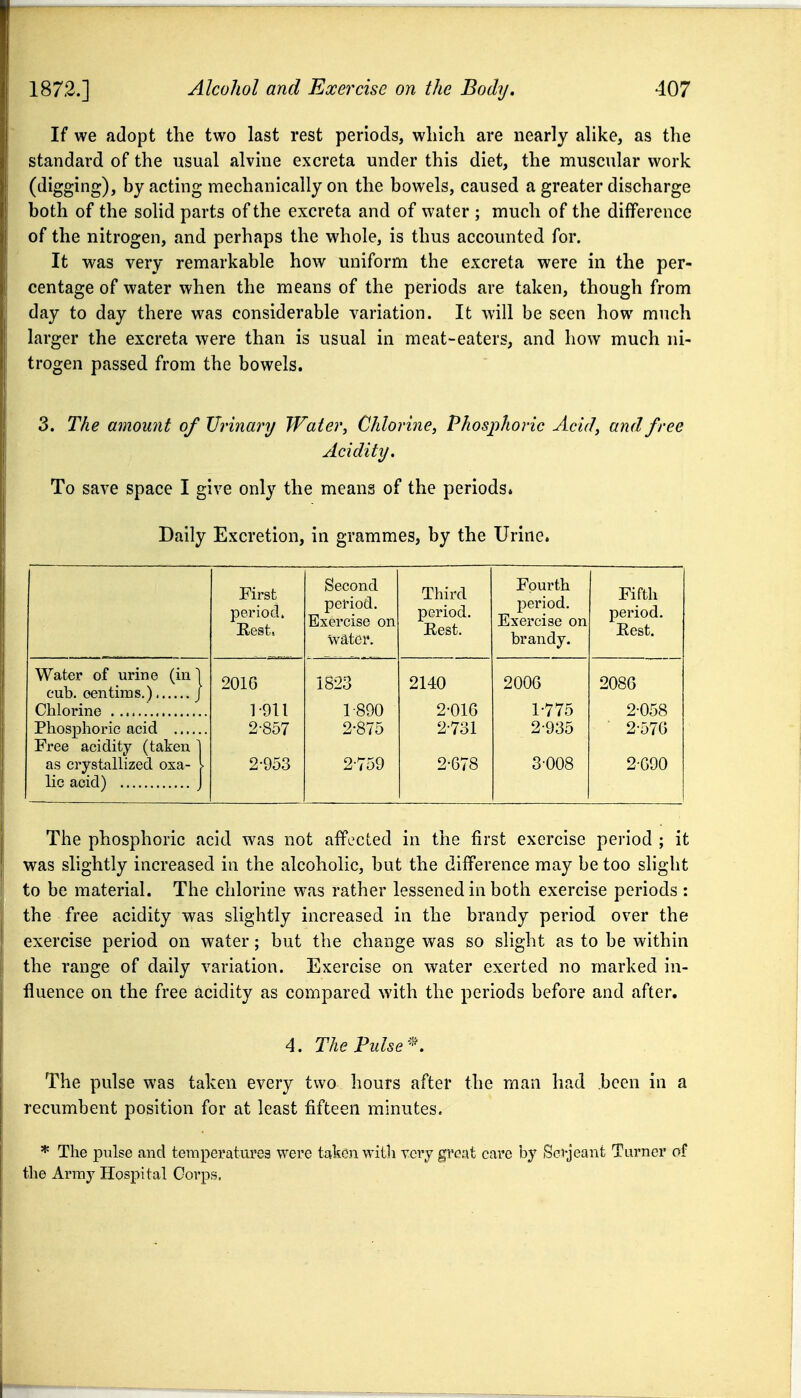 If we adopt the two last rest periods, which are nearly alike, as the standard of the usual alvine excreta under this diet, the muscular work (digging), by acting mechanically on the bowels, caused a greater discharge both of the solid parts of the excreta and of water ; much of the difference of the nitrogen, and perhaps the whole, is thus accounted for. It was very remarkable how uniform the excreta were in the per- centage of water when the means of the periods are taken, though from day to day there was considerable variation. It will be seen how much larger the excreta were than is usual in meat-eaters, and how much ni- trogen passed from the bowels. 3. The amount of Urinary Water, Chlorine, Phosphoric Acid, and free Acidity, To save space I give only the means of the periods. Daily Excretion, in grammes, by the Urine. First period. Eest, Second period. Exercise on water. Third period. Rest. Fourth period. Exercise on brandy. Fifth period. Eest. Water of urine (in' Free acidity (taken as crystallized oxa- 1 2016 1- 911 2- 857 2-953 1823 1- 890 2- 875 2-759 2140 2-016 2-731 2-678 2006 1- 775 2- 935 3- 008 2080 2-058 2-576 2-690 The phosphoric acid was not affected in the first exercise period ; it was slightly increased in the alcoholic, but the difference may be too slight to be material. The chlorine was rather lessened in both exercise periods : the free acidity was slightly increased in the brandy period over the exercise period on water; but the change was so slight as to be within the range of daily variation. Exercise on water exerted no marked in- fluence on the free acidity as compared with the periods before and after. 4. The Pulse The pulse was taken every two hours after the man had been in a recumbent position for at least fifteen minutes. * The pulse and temperatures were taken with xcvj great care by Soi-jeant Turner of the Array Hospital Corps.