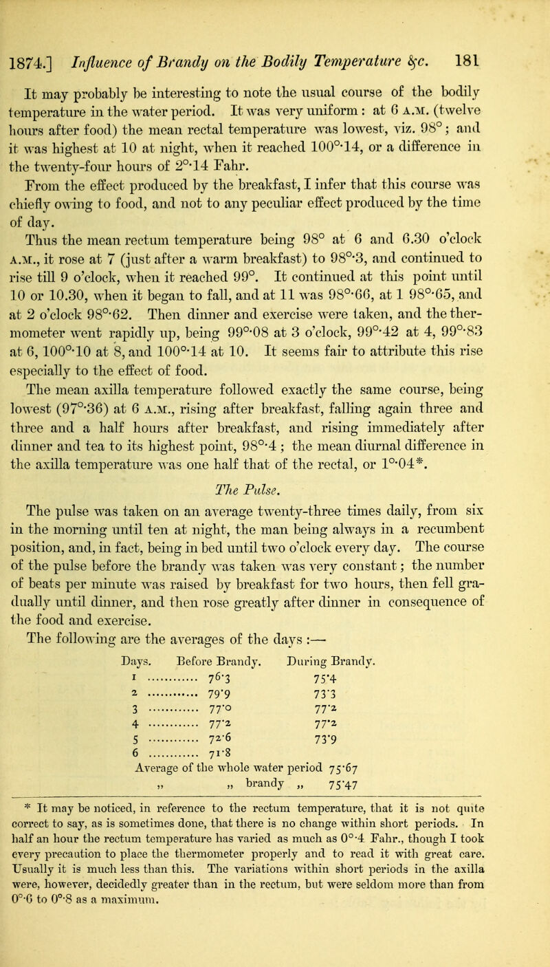 It may probably be interesting to note the usual course o£ the bodily temperature in the water period. It was very uniform : at 6 a.m. (twelve hours after food) the mean rectal temperature was lowest, viz. 98°; and it was highest at 10 at night, when it reached 100°-14, or a difference in the twenty-four hours of 2°* 14 Tahr. From the effect produced by the breakfast, I infer that this course was chiefly oi^dng to food, and not to any peculiar effect produced by the time of day. Thus the mean rectum temperature being 98° at 6 and 6.30 o'cloclc A.M., it rose at 7 (just after a warm breakfast) to 98°*3, and continued to rise till 9 o'clock, when it reached 99°. It continued at this point until 10 or 10.30, when it began to fall, and at 11 was 98°-6G, at 1 98°'65, and at 2 o'clock 98°'62. Then dinner and exercise were taken, and the ther- mometer went rapidly up, being 99°-08 at 3 o'clock, 99°'42 at 4, 99°-83 at 6,100°-10 at 8, and 100°-14 at 10. It seems fair to attribute this rise especially to the effect of food. The mean axilla temperature follo\^-ed exactly the same course, being lowest (97°*36) at 6 a.m., rising after breakfast, falling again three and three and a half hours after breakfast, and rising immediately after dinner and tea to its highest point, 98°'4 ; the mean diurnal difference in the axilla temperature was one half that of the rectal, or 1°'04*. Tlie Fidse. The pulse was taken on an average twenty-three times daily, from six in the morning until ten at night, the man being always in a recumbent position, and, in fact, being in bed until two o'clock every day. The course of the pulse before the brandy was taken was very constant; the number of beats per minute was raised by breakfast for two hours, then fell gra- dually until dinner, and then rose greatly after dinner in consequence of the food and exercise. The following are the averages of the days :— Days. Before Brandy. During Brandy. 1 76-3 75-4 2 79-9 73-3 3 77'o 772 4 77*2 77'2 5 72-6 739 6 71-8 Average of the whole water period 75*67 „ brandy „ 75-47 * It may be noticed, in reference to the rectum temperature, that it is not quite correct to say, as is sometimes done, that there is no change within short periods. In half an hour the rectum temperature has varied as much as 0°-4 Fahr., though I took every precaution to place the thermometer properly and to read it with great care. Usually it is much less than this. The variations within short periods in the axilla were, however, decidedly greater than in the rectum, but were seldom more than from 0°-G to 0°-8 as a maximum.