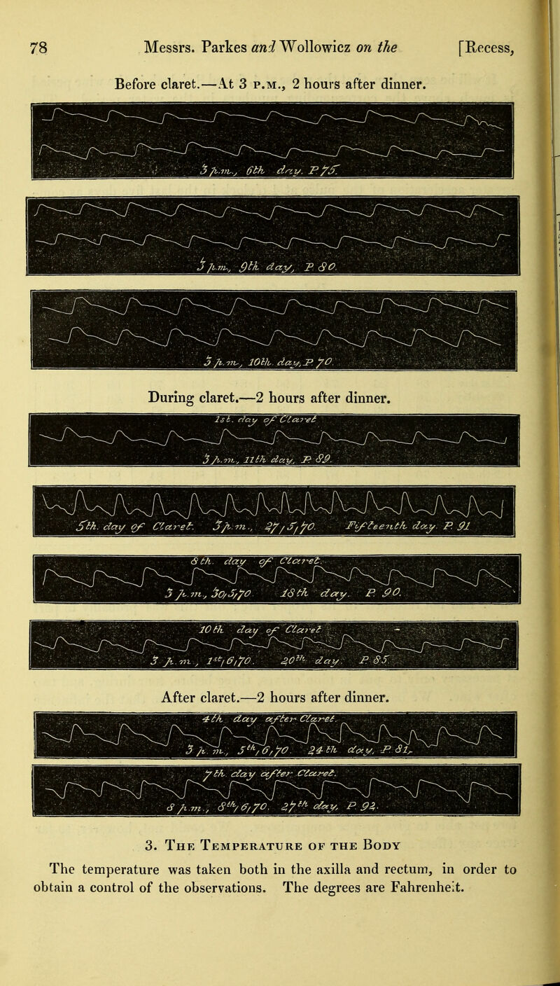 Before claret.—A.t 3 p.m., 2 hours after dinner. During claret.—2 hours after dinner. After claret.—2 hours after dinner. ^//t day ix.fteT- Ciiz7-ef. . : ^ : /v.771., 6^^y<p,TO. 3,^^'^ o^^.y, P. 93,. ^^^^^^^^^ 3. The Temperature of the Body The temperature was taken both in the axilla and rectum, in order to obtain a control of the observations. The degrees are Fahrenheit.
