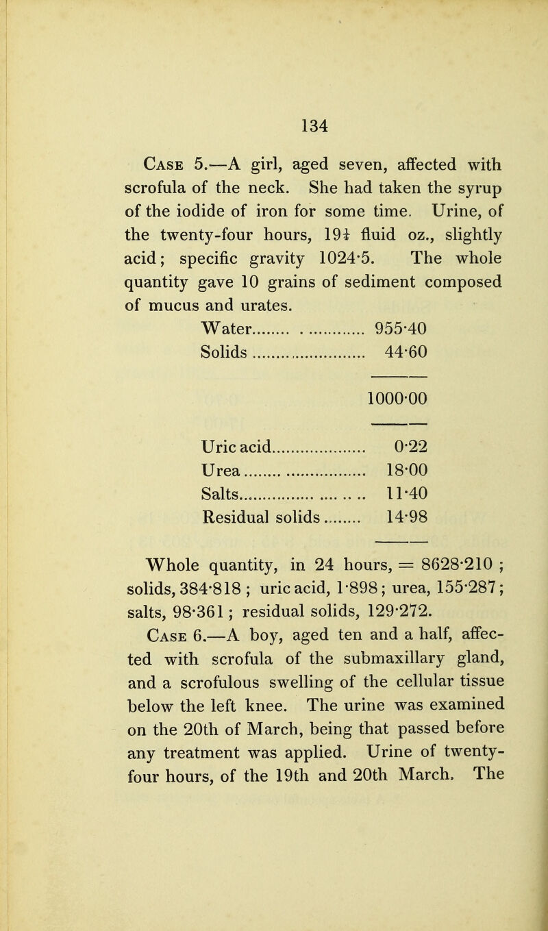 Case 5.—A girl, aged seven, affected with scrofula of the neck. She had taken the syrup of the iodide of iron for some time, Urine, of the twenty-four hours, 19i fluid oz., slightly acid; specific gravity 1024*5. The whole quantity gave 10 grains of sediment composed of mucus and urates. Water 955-40 Solids , 44-60 1000-00 Uric acid 0-22 Urea 18-00 Salts 11-40 Residual solids.. 14-98 Whole quantity, in 24 hours, = 8628*210 ; solids, 384-818 ; uric acid, 1*898; urea, 155*287; salts, 98*361; residual soUds, 129*272. Case 6.—A boy, aged ten and a half, affec- ted with scrofula of the submaxillary gland, and a scrofulous swelling of the cellular tissue below the left knee. The urine was examined on the 20th of March, being that passed before any treatment was applied. Urine of twenty- four hours, of the 19th and 20th March. The