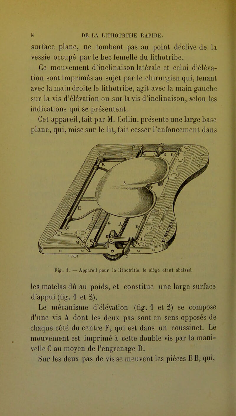 surface plane, ne tombent pas au point déclive de la vessie occupé par le bec femelle du iithotribe. Ce mouvement d'inclinaison latérale et celui d'éléva- tion sont imprimés au sujet par le chirurgien qui, tenant avec la main droite le Iithotribe, agit avec la main gauche sur la vis d'élévation ou sur la vis d'inclinaison, selon les indications qui se présentent. Cet appareil, fait par M. CoUin, présente une large base plane, qui, mise sur le lit, fait cesser l'enfoncement dans Fig. 1. —Appareil pour la litliolritie, le siège étant abaissé. les matelas dû au poids, et constitue une large surface d'appui (fig. 1 et 2). Le mécanisme d'élévation (fig, 1 et 2) se compose d'une vis A dont les deux pas sont en sens opposés de chaque côté du centre F, qui est dans un coussinet. Le mouvement est imprimé à cette double vis par la mani- velle C au moyen de l'engrenage D. Sur les deux pas de vis se meuvent les pièces B B, qui.