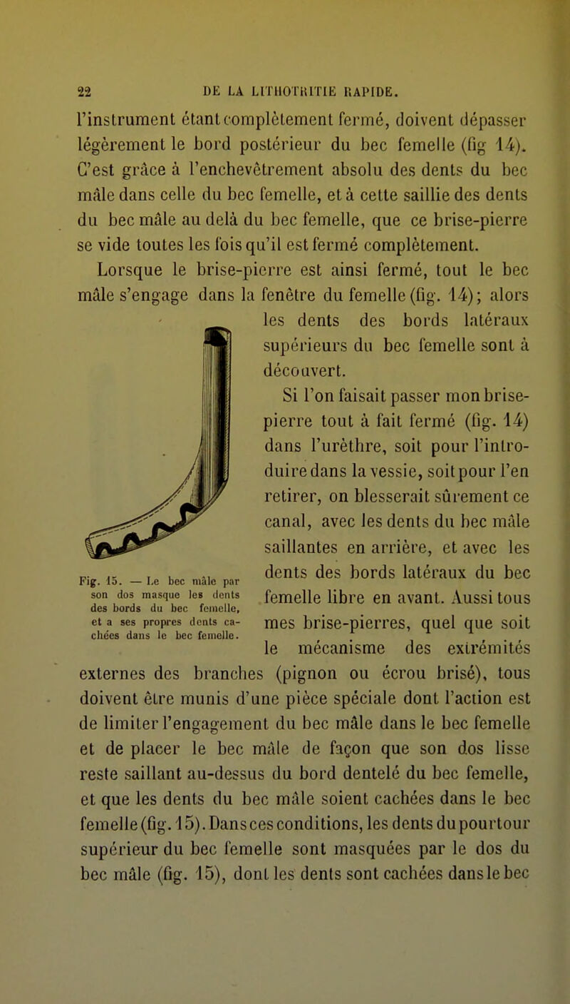 l'instrument étant complètement fermé, doivent dépasser légèrement le bord postérieur du bec femelle (fig 14). C'est grâce à l'enchevêtrement absolu des dents du bec mâle dans celle du bec femelle, et à cette saillie des dents du bec mâle au delà du bec femelle, que ce brise-pierre se vide toutes les fois qu'il est fermé complètement. Lorsque le brise-pierre est ainsi fermé, tout le bec mâle s'engage dans la fenêtre du femelle (fig. 14); alors externes des branches (pignon ou écrou brisé), tous doivent être munis d'une pièce spéciale dont l'action est de limiter l'engagement du bec mâle dans le bec femelle et de placer le bec mâle de façon que son dos lisse reste saillant au-dessus du bord dentelé du bec femelle, et que les dents du bec mâle soient cachées dans le bec femelle (fig. 15). Dans ces conditions, les dents du pourtour supérieur du bec femelle sont masquées par le dos du bec mâle (fig. 15), dont les dents sont cachées dans le bec les dents des bords latéraux supérieurs du bec femelle sont à découvert. Fig. 15. — Le bec niâlo par son dos masque les dents des bords du bec femelle, et a ses propres dents ca- chées dans le bec femelle. Si l'on faisait passer mon brise- pierre tout à fait fermé (fig. 14) dans l'urèthre, soit pour l'intro- duire dans la vessie, soit pour l'en retirer, on blesserait sûrement ce canal, avec les dents du bec mâle saillantes en arrière, et avec les dents des bords latéraux du bec femelle Hbre en avant. xVussi tous I- mes brise-pierres, quel que soit le mécanisme des extrémités