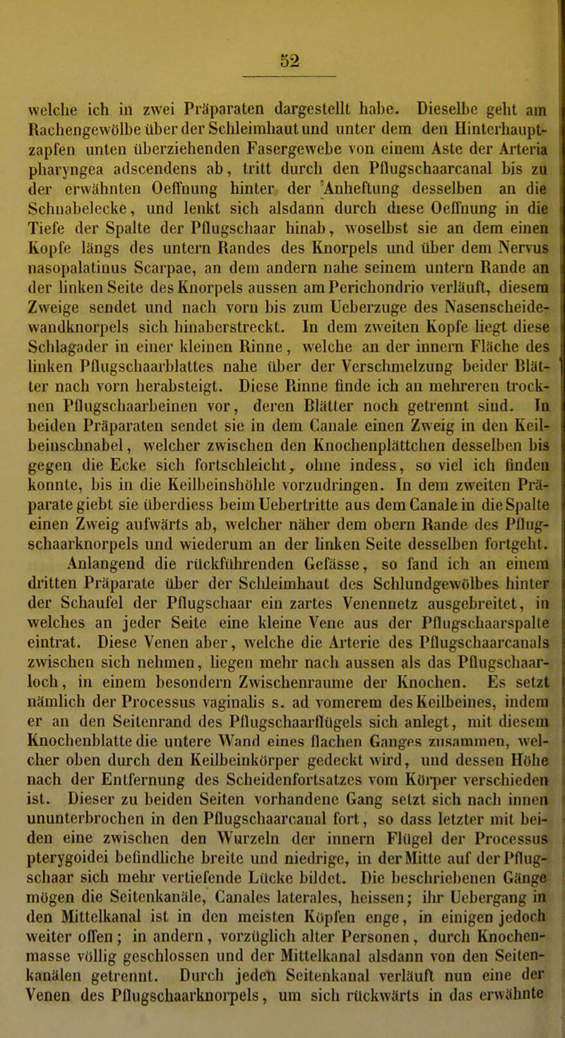 welche ich in zwei Präparaten dargestellt habe. Dieselbe geht am Rachengewölbe über der Schleimhaut und unter dem den Hinlcrhaupt- zapfen unten überziehenden Fasergewebe von einem Aste der Arteria pharyngea adscendens ab, tritt durch den Pflugschaarcanal bis zu der erwähnten Oeffnung hinter der Anheftung desselben an die Schuabelecke, und lenkt sich alsdann durch diese Oeffnung in die Tiefe der Spalte der Pflugschaar hinab, woselbst sie an dem einen Kopfe längs des untern Randes des Knorpels und über dem Nervus nasopalatinus Scarpae, an dem andern nahe seinem untern Rande an der hnken Seite des Knorpels aussen am Perichondrio verläuft, diesem Zweige sendet und nach vorn bis zum Ueberzuge des Nasenscheide- wandknorpels sich hinaberstreckt. In dem zweiten Kopfe liegt diese Schlagader in einer kleinen Rinne, welche an der innern Fläche des linken Pflugschaarblattes nalie über der Verschmelzung beider Blät- | ter nach vorn herabsteigt. Diese Rinne finde ich an mehreren trock- nen Pflugschaarbeinen vor, deren Blätter noch getrennt sind. In beiden Präparaten sendet sie in dem Canale einen Zweig in den Keil- beinschnabel, welcher zwischen den Knochenplättchen desselben bis gegen die Ecke sich fortschleiclit ^ ohne indess, so viel ich finden konnte, bis in die Keilbeinshöhle vorzudringen. In dem zweiten Prä- parate giebt sie überdiess beim Uebex'tritte aus dem Canale in die Spalte einen Zweig aufwärts ab, welcher näher dem obern Rande des Pflug- schaarknorpels und wiederum an der hnken Seite desselben fortgeht. Anlangend die rückführenden Gefässe, so fand ich an einem dritten Präparate über der Sclüeimhaut des Schlundgewölbes hinter der Schaufel der Pflugschaar ein zartes Venennetz ausgebreitet, in welches an jeder Seite eine kleine Vene aus der Pflugschaarspalte eintrat. Diese Venen aber, welche die Arterie des Pflugschaarcanals zwischen sich nehmen, hegen mehr nach aussen als das Pflugschaar- loch, in einem besondern Zwischenräume der Knochen. Es setzt nämhch der Processus vaginahs s. ad vomerem des Keilbeines, indem er an den Seitenrand des Pflugschaai-flügels sich anlegt, mit diesem Knochenblatte die untere Wand eines flachen Ganges zusammen, wel- cher oben durch den Keilbeinkörper gedeckt wird, und dessen Höhe nach der Entfernung des Scheidenfortsatzes vom Küiper verschieden ist. Dieser zu beiden Seiten vorhandene Gang setzt sich nach innen ununterbrochen in den Pflugschaarcanal fort, so dass letzter mit bei- den eine zwischen den Wurzeln der innern Flügel der Processus pterygoidei befindliche breite und niedrige, in der Mitte auf der Pflug- schaar sich mehr vertiefende Lücke bildet. Die beschriebenen Gänge mögen die Seitenkanäle, Canales laterales, heissen; ihr Ucbergang in den Mittelkanal ist in den meisten Köpfen enge, in einigen jedoch weiter offen ; in andern, vorzüglich alter Personen, durch Knochen- masse völlig geschlossen und der Mittelkanal alsdann von den Seiten- kanälen getrennt. Durch jeden Seitenkanal verläuft nun eine der Venen des Pflugschaarknorpels, um sich rückwärts in das erwähnte