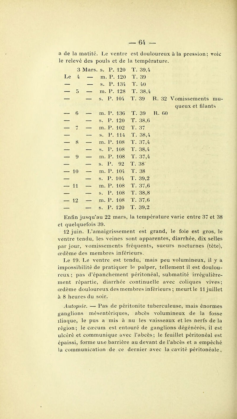 a de la matité. Le ventre est douloureux à la pression; voie le relevé des pouls et de la température. 3 Mars. s. P. 120 T. 39,4 Le 4 — m. P. 120 T. 39 — — s. P. 134 T. 40 — 5 — m. P. 128 T. 38,4 — — s. P. 104 T. 39 R. 32 Vomissements mu- queux et filants — 6 ~ m. P. 136 T. 39 R. 60 — — s. P. 120 T. 38,6 — 7 — m. P. 102 T. 37 — — s. P. 114 T. 38,4 — 8 — m. P. 108 T. 37,4 — — s. P. 108 T. 38,4 — 9 — m. P. 108 T. 37,4 — — s. P. 92 T. SB' — 10 — m. P. 104 T. 38 — _ s. P. 104 T. 39,2 — 11 — m. P. 108 T. 37,6 — _ s. P. 108 T. 38,8 — 12 — m. P. 108 T. 37,6 — _ s. P. 120 T. 39,2 Enfin jusqu'au 22 mars, la température varie entre 37 et 38 et quelquefois 39. 12 juin. L'amaigrissement est grand, le foie est gros, le ventre tendu, les veines sont apparentes, diarrhée, dix selles par jour, vomissements fréquents, sueurs nocturnes (tète), œdème des membres inférieurs. Le 19. Le ventre est tendu, mais peu volumineux, il y a impossibilité de pratiquer le palper, tellement il est doulou- reux ; pas d'épanchement péritonéal, submatité irrégulière- ment répartie, diarrhée continuelle avec coliques vives; œdème douloureux des membres inférieurs ; meurt le 11 juillet à 8 heures du soir. Autopsie. — Pas de péritonite tuberculeuse, mais énormes ganglions mésentériques, abcès volumineux de la fosse iliaque, le pus a mis à nu les vaisseaux et les nerfs de la région; le Ccccum est entouré de ganglions dégénérés, il est ulcéré et communique avec l'abcès; le feuillet péritonéal est épaissi, forme une barrière au devant de l'abcès et a empêché la communication de ce dernier avec la cavité péritonéale,