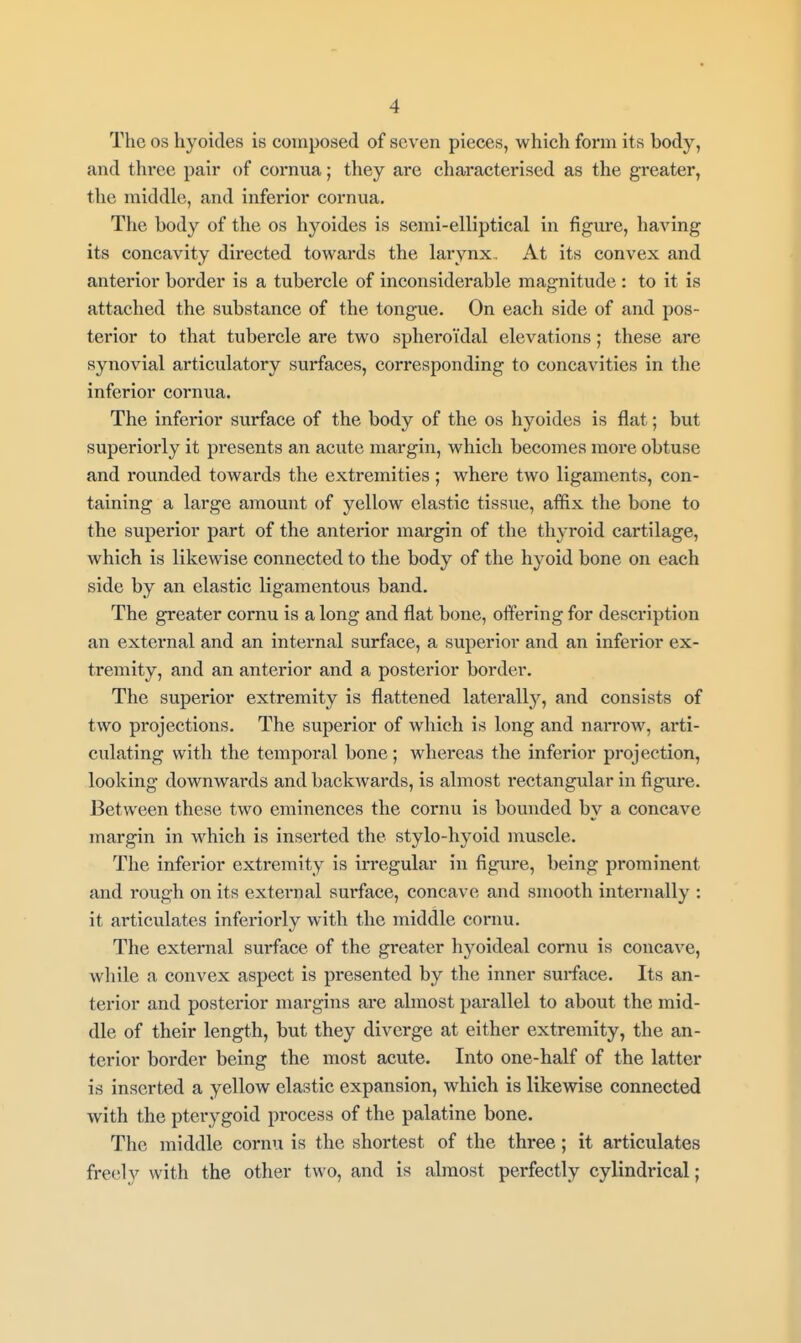 The OS hyoicles is composed of seven pieces, which form its body, and three pair of cornua; they are characterised as the greater, the middle, and inferior cornua. The body of the os hyoides is semi-elliptical in figure, having its concavity directed towards the larynx. At its convex and anterior border is a tubercle of inconsiderable magnitude : to it is attached the substance of the tongue. On each side of and pos- terior to that tubercle are two spheroidal elevations; these are synovial articulatory surfaces, corresponding to concavities in the inferior cornua. The inferior surface of the body of the os hyoides is flat; but superiorly it presents an acute margin, which becomes more obtuse and rounded towards the extremities; where two ligaments, con- taining a large amount of yellow elastic tissue, affix the bone to the superior part of the anterior margin of the thyroid cartilage, which is likewise connected to the body of the hyoid bone on each side by an elastic ligamentous band. The greater cornu is a long and flat bone, offering for description an external and an internal surface, a superior and an inferior ex- tremity, and an anterior and a posterior border. The superior extremity is flattened laterally, and consists of two projections. The superior of which is long and narrow, arti- culating with the temporal bone; whereas the inferior projection, looking downwards and backwards, is almost rectangular in figure. Between these two eminences the cornu is bounded by a concave margin in which is inserted the stylo-hyoid muscle. The inferior extremity is irregular in figure, being prominent and rough on its external surface, concave and smooth internally : it articulates inferiorly with the middle coniu. The external surface of the greater hyoideal cornu is concave, while a convex aspect is presented by the inner surface. Its an- terior and posterior margins ai'e almost parallel to about the mid- dle of their length, but they diverge at either extremity, the an- terior border being the most acute. Into one-half of the latter is inserted a yellow elastic expansion, which is likewise connected with the pterygoid process of the palatine bone. The middle cornu is the shortest of the three; it articulates freely with the other two, and is almost perfectly cylindrical;