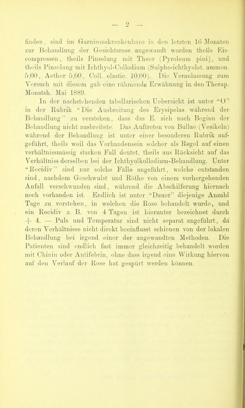 finden , sind im Grarnisonskrankenliaus in den letzten IG Monaten zur Beliandlung der Gesichtsrose angewaudt worden theils Eis- compressen, theils Pinselung mit Theer (Pyroleum pini], und theils Pinselung mit Ichthyol-Collodium (Sulpho-ichthyolat. ammon. 5,00, Aether 5,00, Coll. elastic. 10,00). Die Veranlassung zum Versuch mit diesem gab eine riihmende Erwahnung in den Therap. Monatsh. Mai 1889. In der nachsteheuden tabellarischen Uebersicht ist unter ''O in der Rubrik  Die Aiisbreitung des Erysipelas wahrend der Behandlung zu verstehen, dass das E. sich nach Beginn der Behandlung nicht ausbi'eitete. Das Auftreteu von Bullae (Vesikeln) wilhrend der Behandlung ist unter einer besonderen Rubrik auf- gefiihrt, theils weil das Vorhandensein soldier als Kegel auf einen verhiiltnissmassig starken Fall deutet, theils aus Riicksicht auf das Verhaltniss derselben bei der Ichthyolkollodium-Behandlung. Unter Recidiv sind nur solche Falle augefiihrt, welche entstanden sind, nachdem Geschwulst und Rothe von einem vorhergehenden Anfall verschwuuden sind, wahrend die Abschilferung hiernach noch vorhanden ist. Endlich ist unter Dauer diejenige Anzahl Tage zu verstehen, in welchen die Rose behandelt wurde, und ein Recidiv z. B. von 4 Tagen ist hierunter bezeichnet durch -|- 4. — Puis und Temperatur sind nicht separat angefiihrt, da deren Verhaltnisse nicht direkt beeinflusst schieuen von der lokalen Behandlung bei irgend einer der angewandten Methoden. Die Patienten sind endlich fast immer gleichzeitig behandelt worden mit Chinin oder Antifebrin, olme dass irgend eine Wirkung hiervon auf den Verlauf der Rose hat gespiirt werden kdnnen.